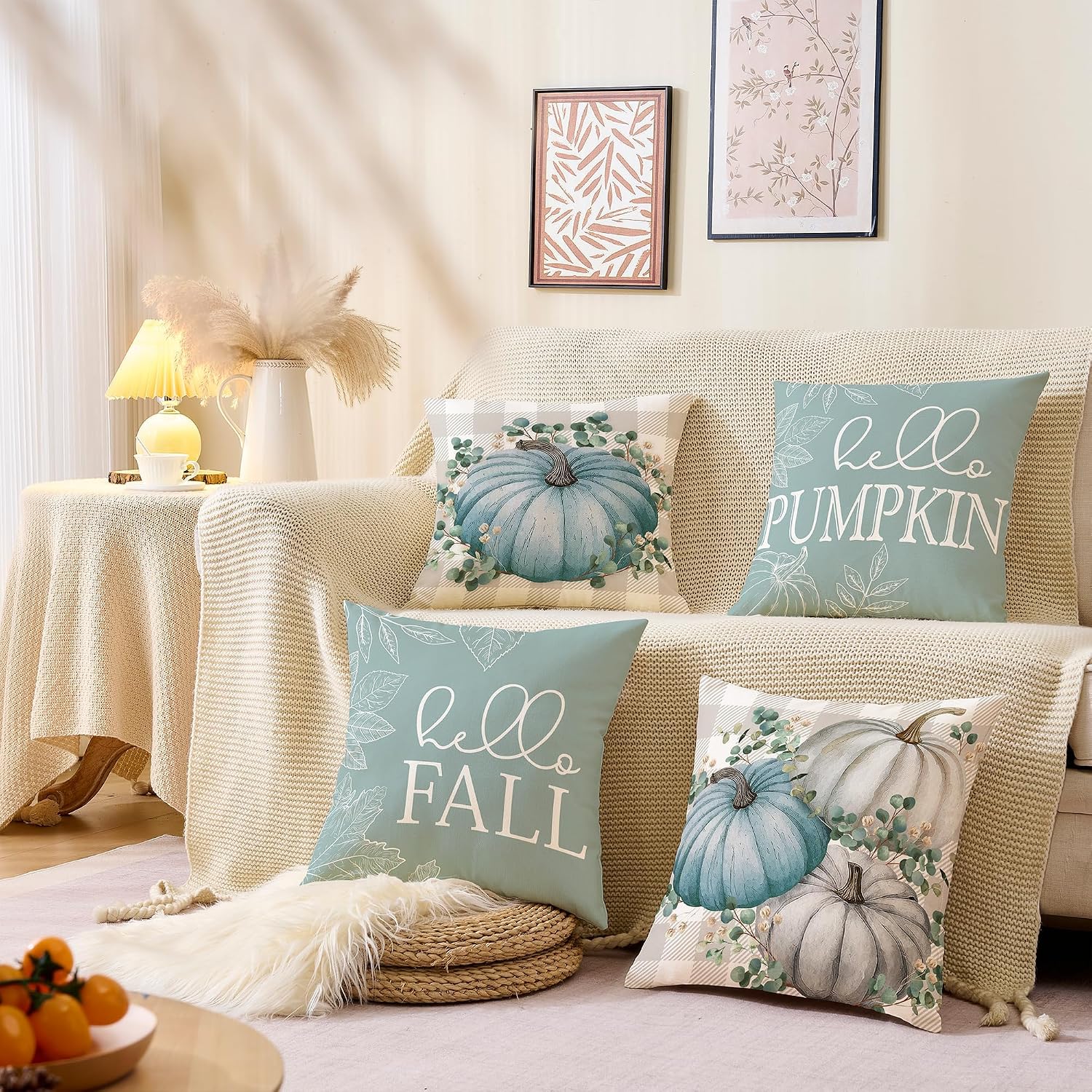 Fall Decor for Home,Fall Pillow Covers 16x16 Set of 4 Rustic Indoor Outdoor Decorations Blue Plaid Throw Pillow Covers,Hello Pumpkin Linen Autumn Cushion Case for Sofa Couch Chair Bedroom