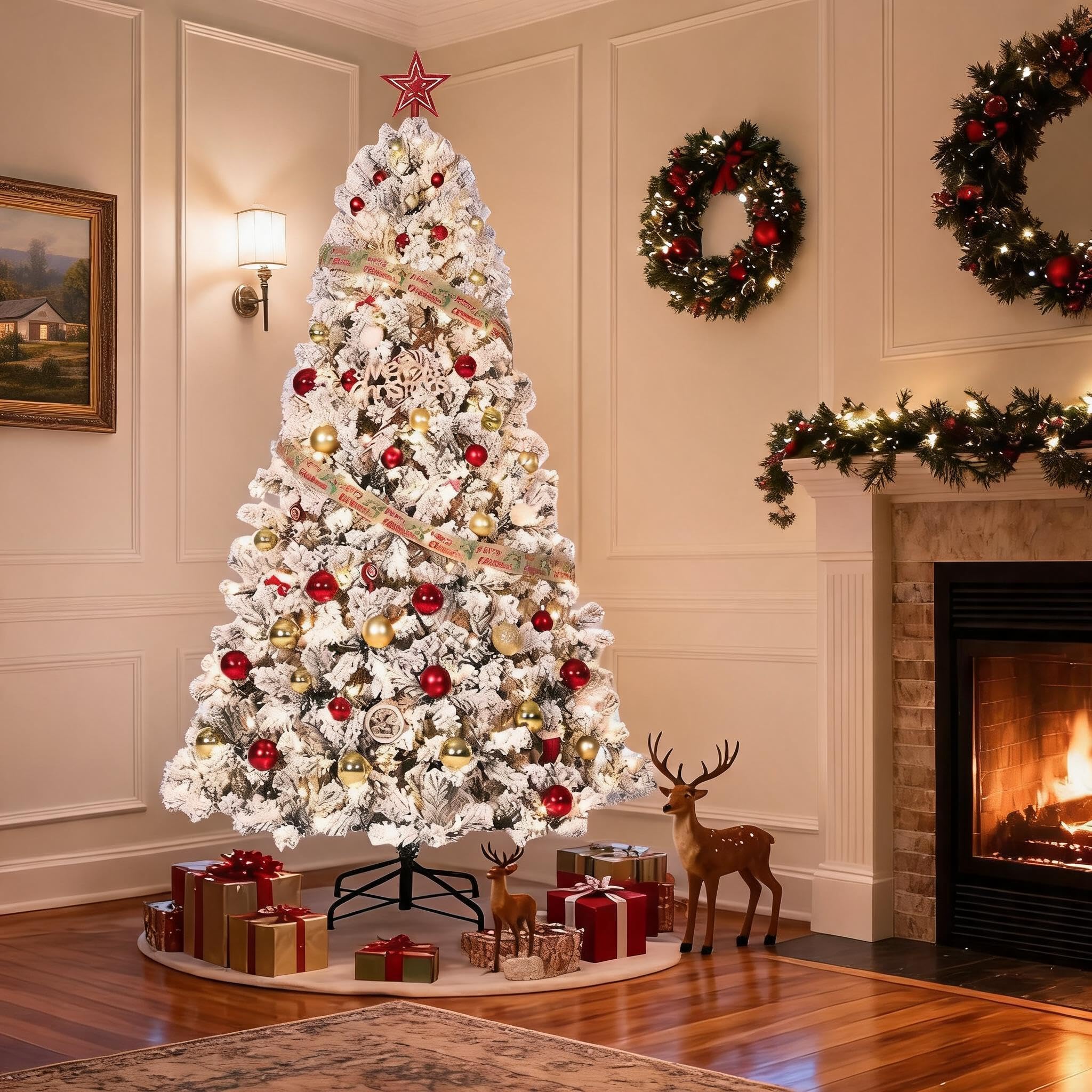 GarveeTech Schneebeflockter Weihnachtsbaum, Warmweiße LED, Klappsystem