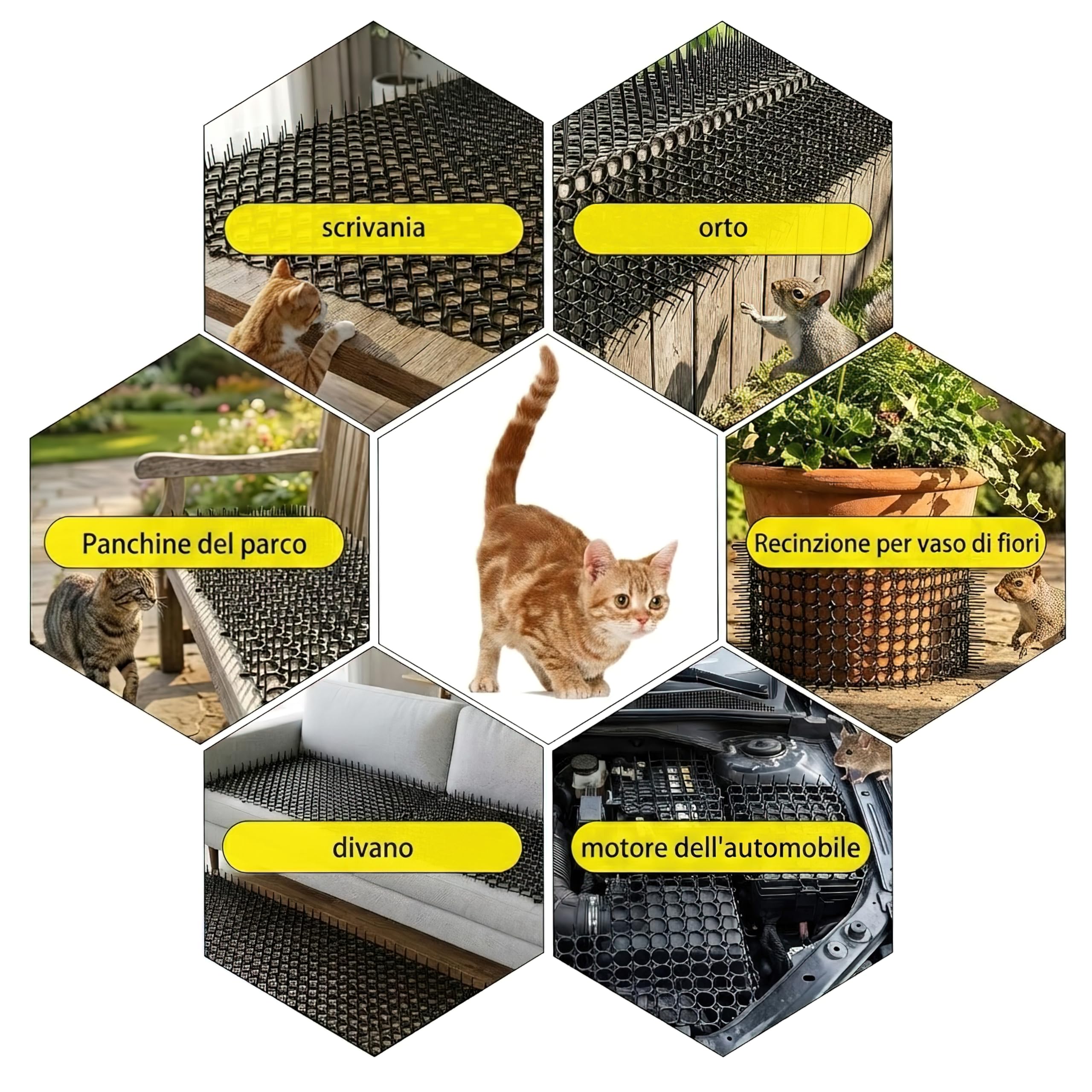 Tappetini Dissuasori per Gatti (Set da 6, 20x15cm) - Repellente con 8 Picchetti di Fissaggio - Griglia con Punte per Giardino, Divano - Barriera Interno/Esterno