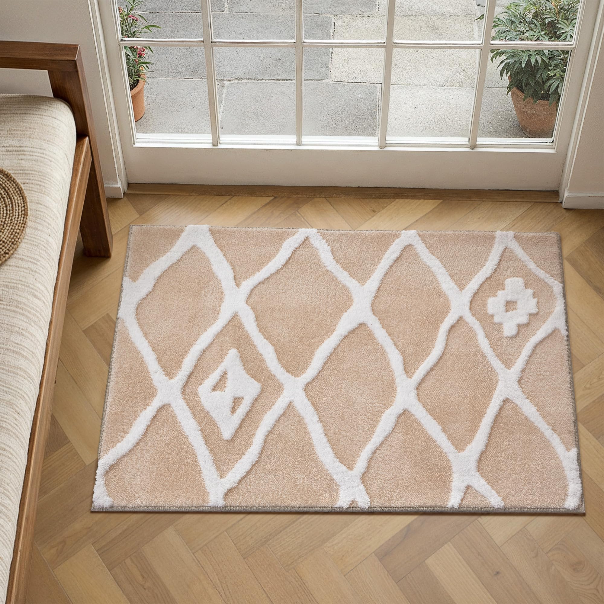 PureCozy Beige Rug Door Mat,Small Washable Fluffy Area Rugs 60x90cm for Bathroom Modern Floor Mat, Non-Slip Short Pile Beside Carpet for Front Door Entryway Entrance Corridor — image 1