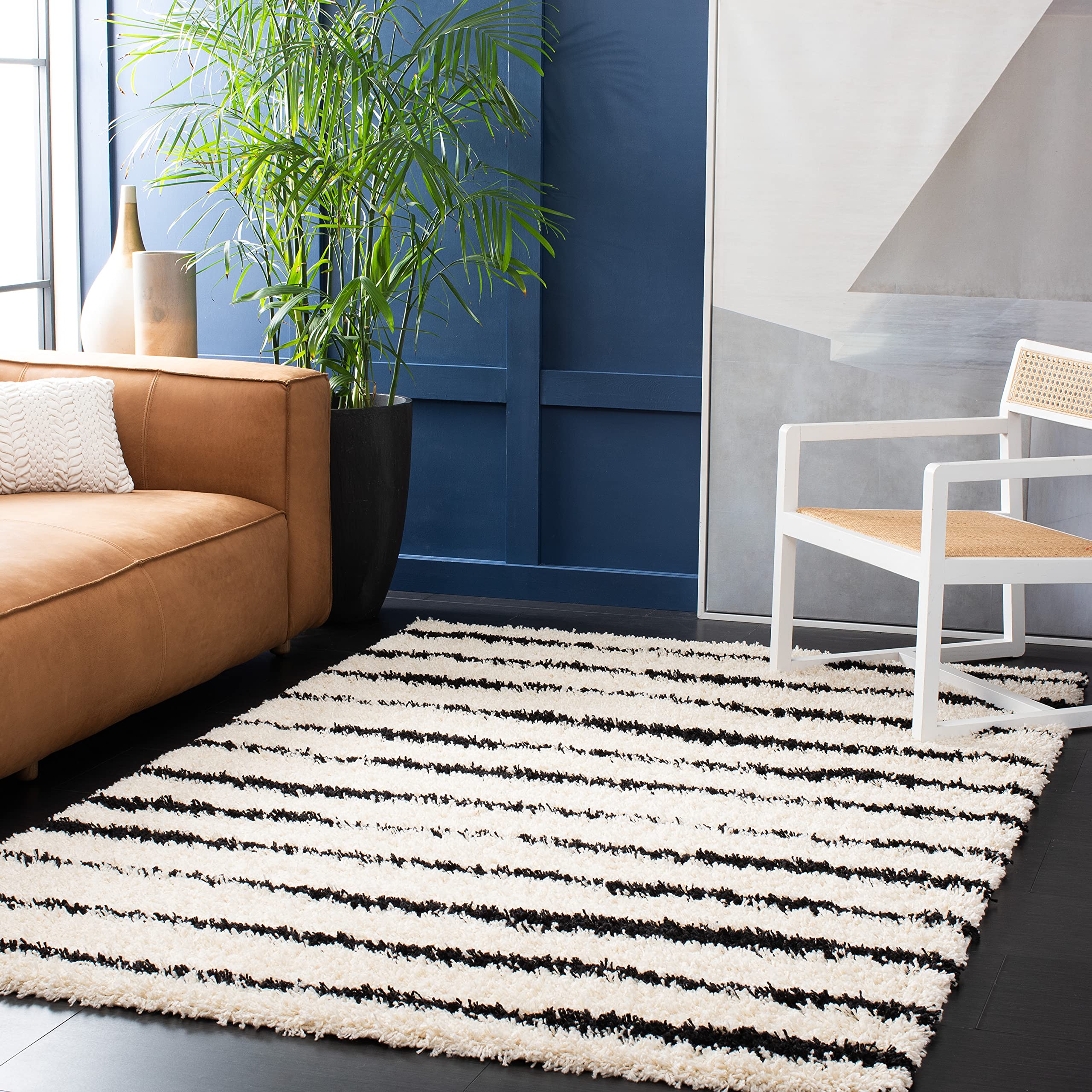 SAFAVIEH Venus Shag Collection Area Rug - 8 x 10 Square, Ivory & Black, Stripe Design, Non-Shedding & Easy Care, 1.8-inch Thick Ideal for High Traffic Areas in Living Room, Bedroom (VNS603A)