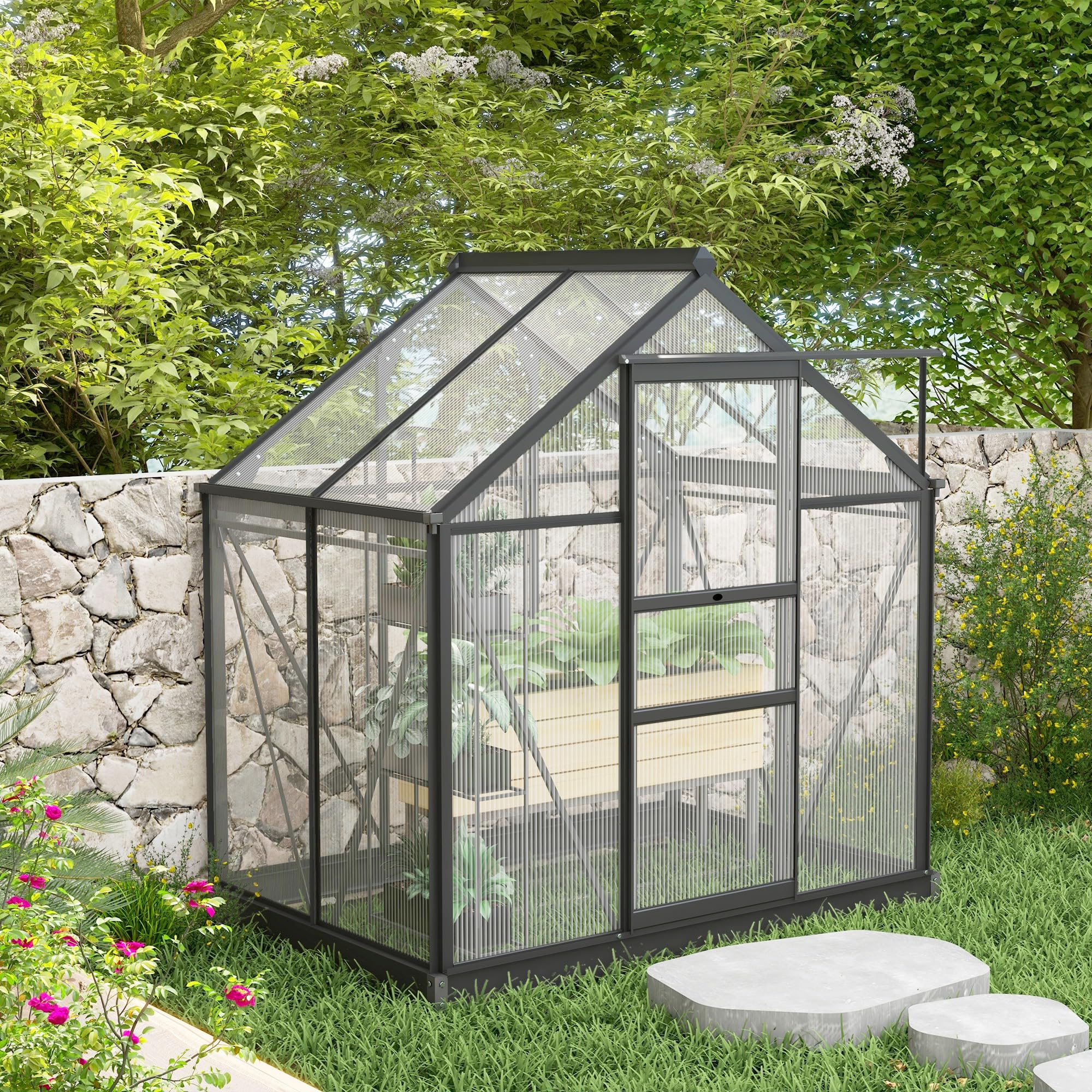 Outsunny Invernadero de jardín en policarbonato 2,51 m² Invernadero de jardín de aluminio resistente a los rayos UV 190 x 132 x 201 cm, con base reforzada, canalón, lucernario y puerta corredera, Gris