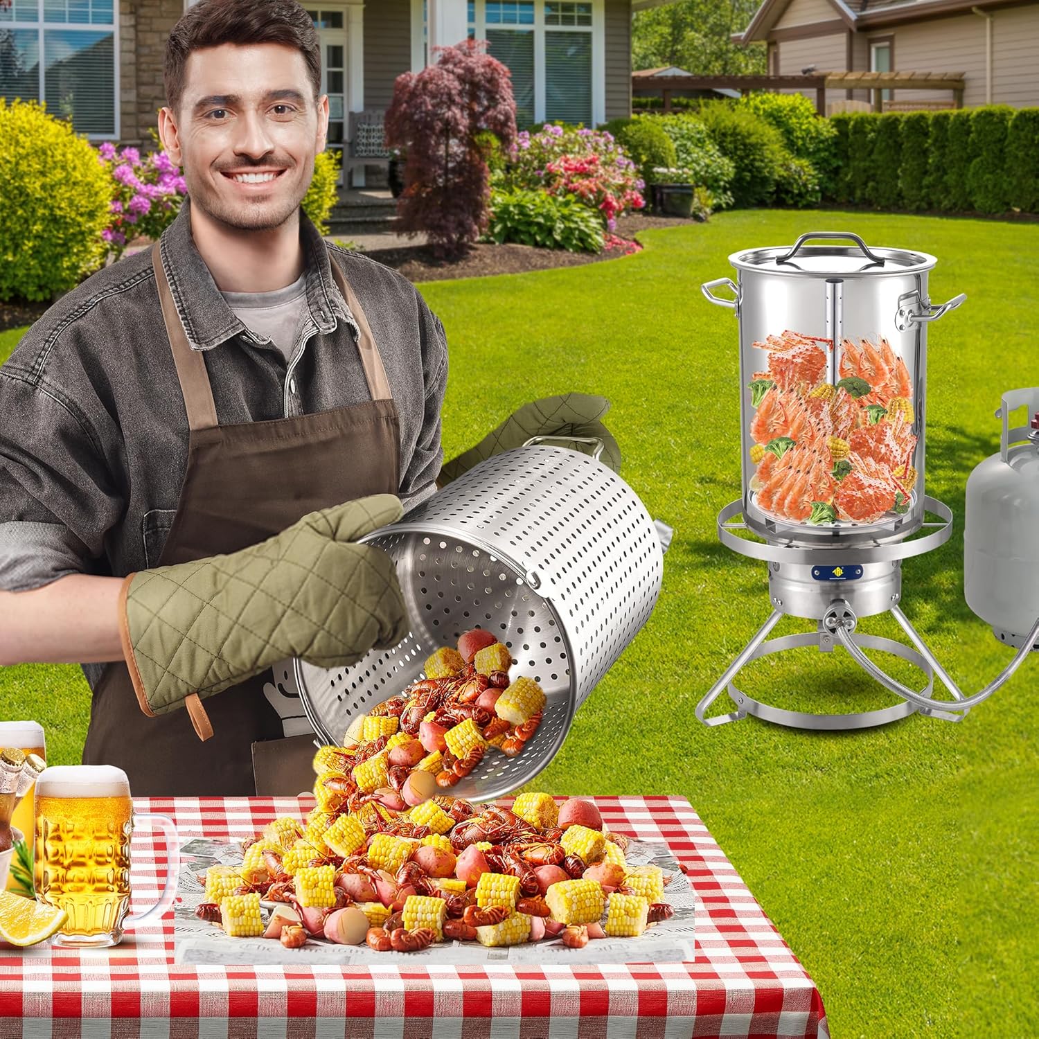 ARC 32QT Stainless Steel Turkey Fryer Pot and Burner Kit,Propane Burners for Outdoor Cooking, Tamale Steamer Pot with basket, and steamer rack. Great for Seafood boil, Crawfish Boil, Home Brewing