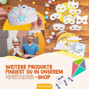 Papierdrachen Craft Set for Children - 8 Paper Masks for Colouring & Crafts - Creative Set Including Elastic Band - Various Designs - Ideal for Children's Birthday Parties & Fancy Dress - from 3 Years