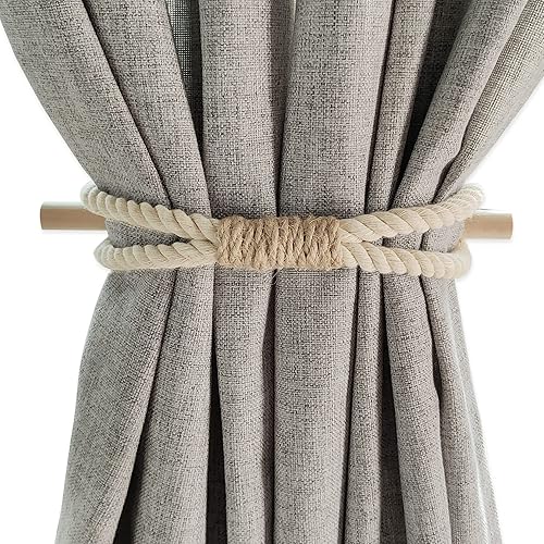 Alzapaños de cortina rústicos para cortinas, alzapaños de granja para cortinas, cuerda de yute de algodón con palo de madera, decoración bohemia