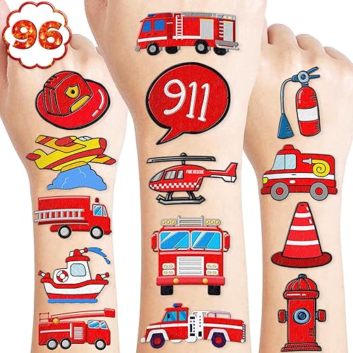 (96 piezas) Bombero Camión de Bomberos Bombero Tatuajes Temporales Temáticos Fiesta de Cumpleaños Decoraciones Favores Suministros Lindas Pegatinas