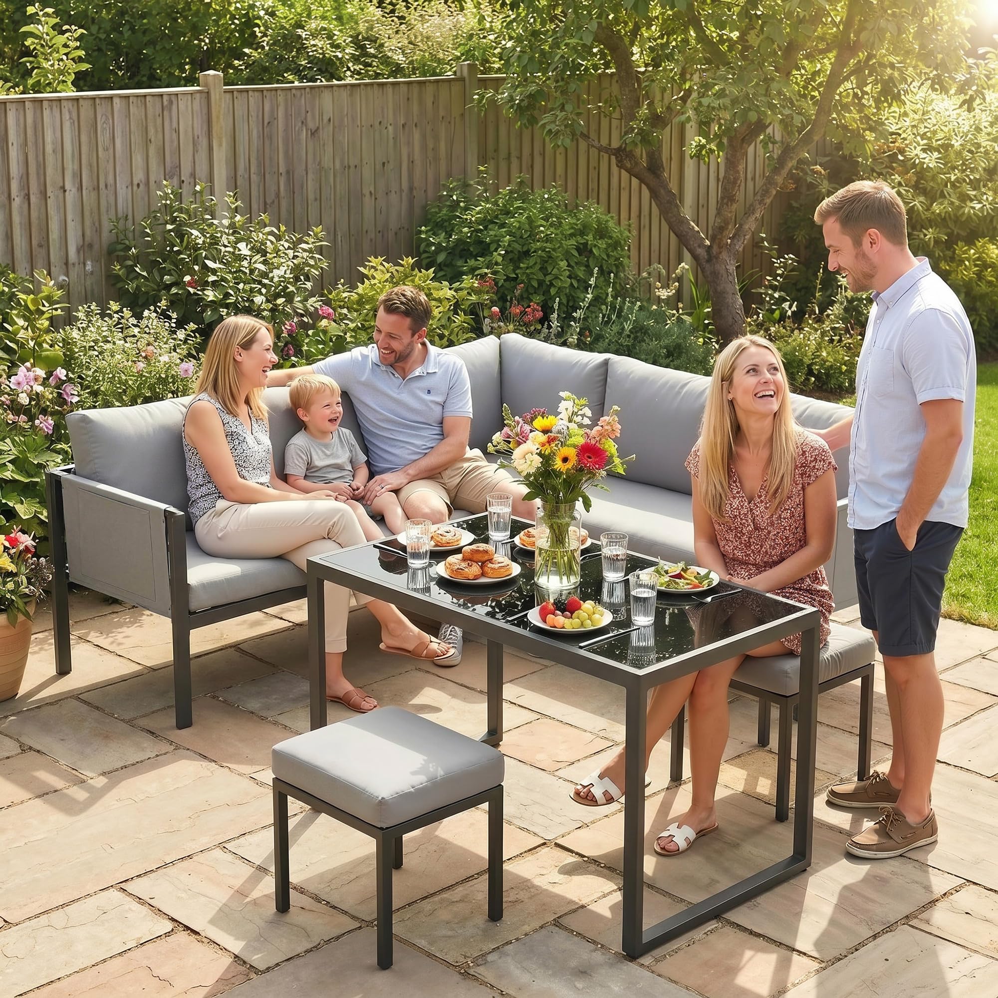 Outsunny Salon de Jardin 6 Pièces Canapé d'angle Extérieur Acier Gris | Ensemble Meuble de Jardin avec Coussins 10cm, Table Haute, 2 Repose-pieds, Mobilier de Terrasse 7 Personnes, Textilène
