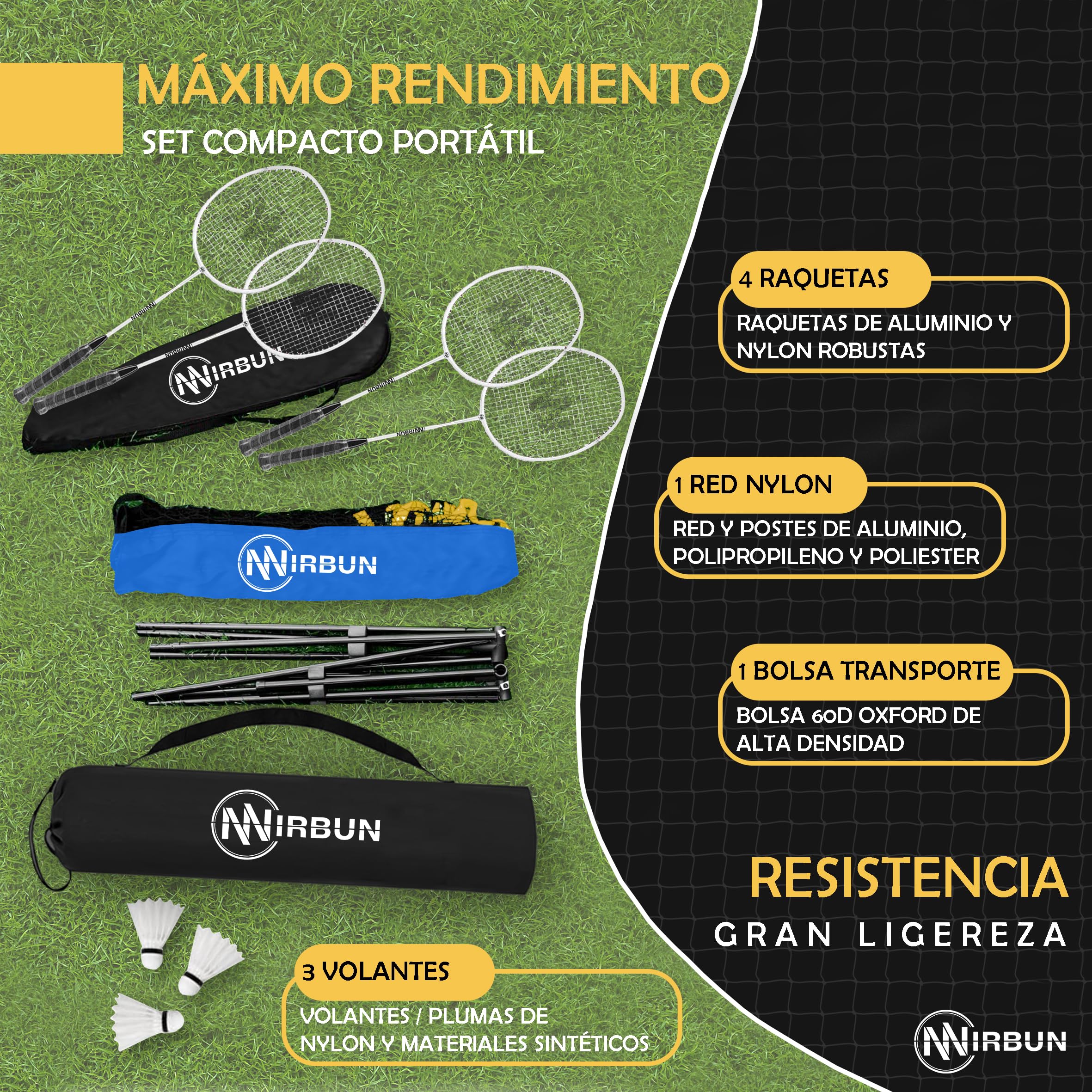 Set de Bádminton 4 Jugadores con Red 5,1 m Raquetas Profesionales Estructura Metálica Juego Familiar