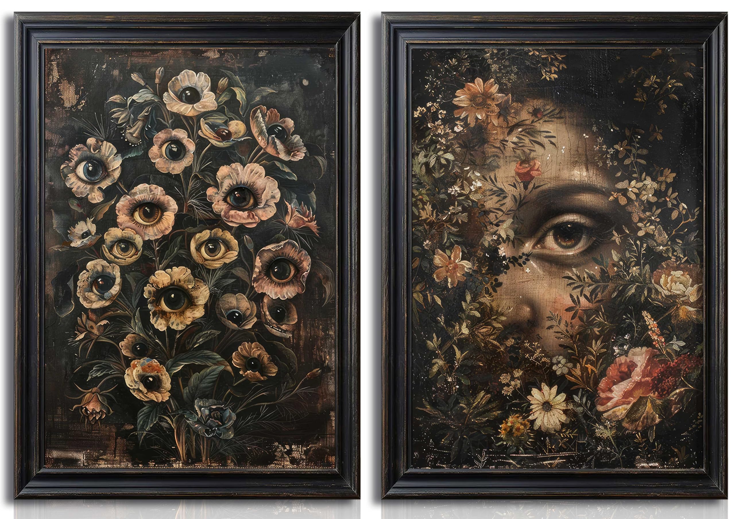 2Pcs Vintage Floral Eye Wall Art Gothic Dark College Canvas Paintings Halloween Mystical Eyeball Flower Wall Decor Victorian Black Melancholy Aesthetic Posters Prints Moody Floral Pictures Unframed