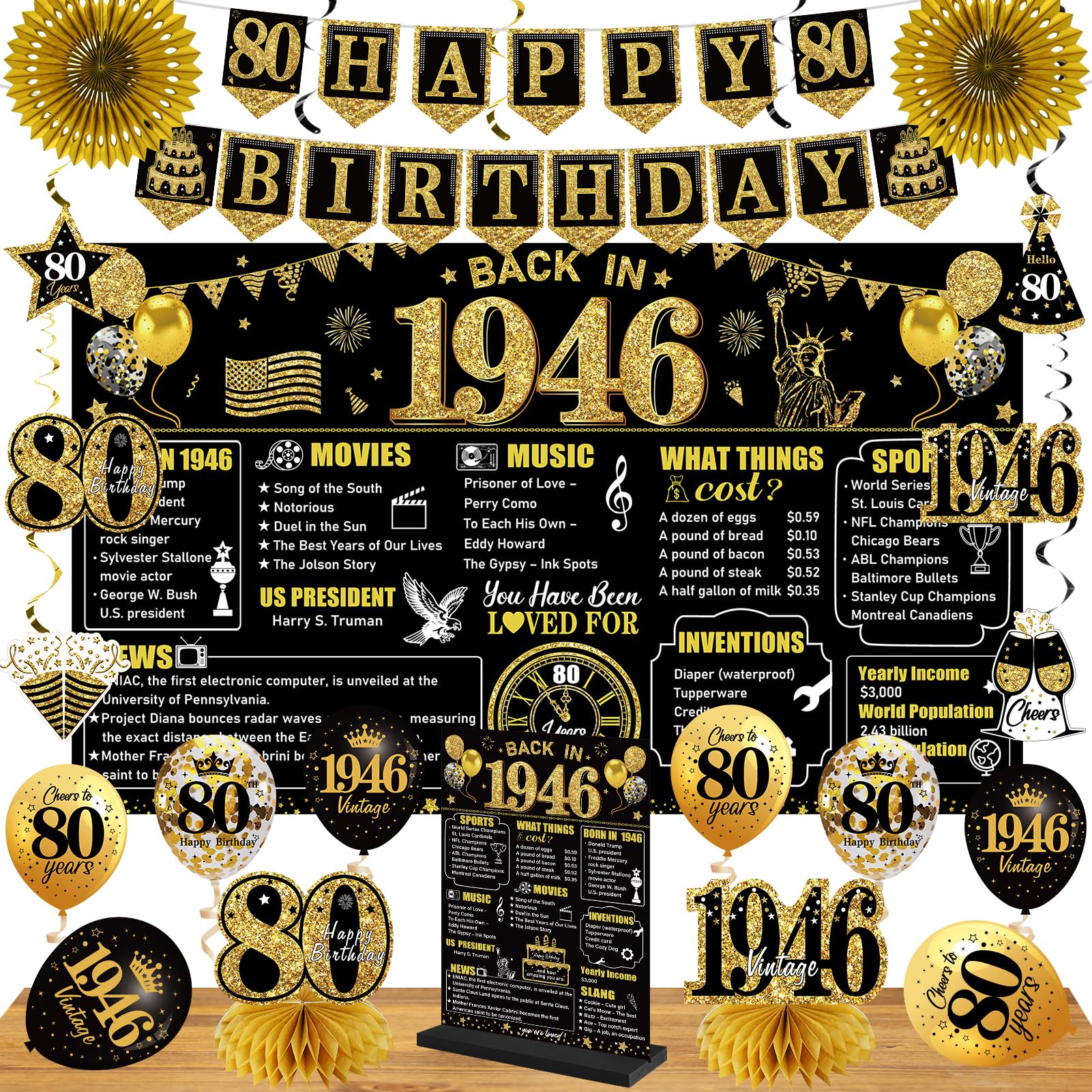 Eiurteao Black Gold 80th Birthday Decorations Kit