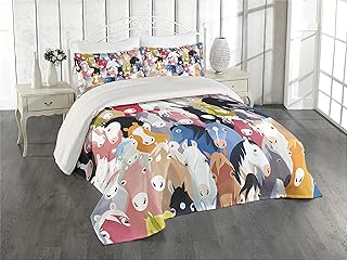 Lunarable Abstract Coverlet Set Queen Size, Pattern with Colorful Cartoon Style Horses Pony Childhood Theme Childish Artwork, 3 Piece Decorative Quilted Bedspread Set with 2 Pillow Shams, Blue Green