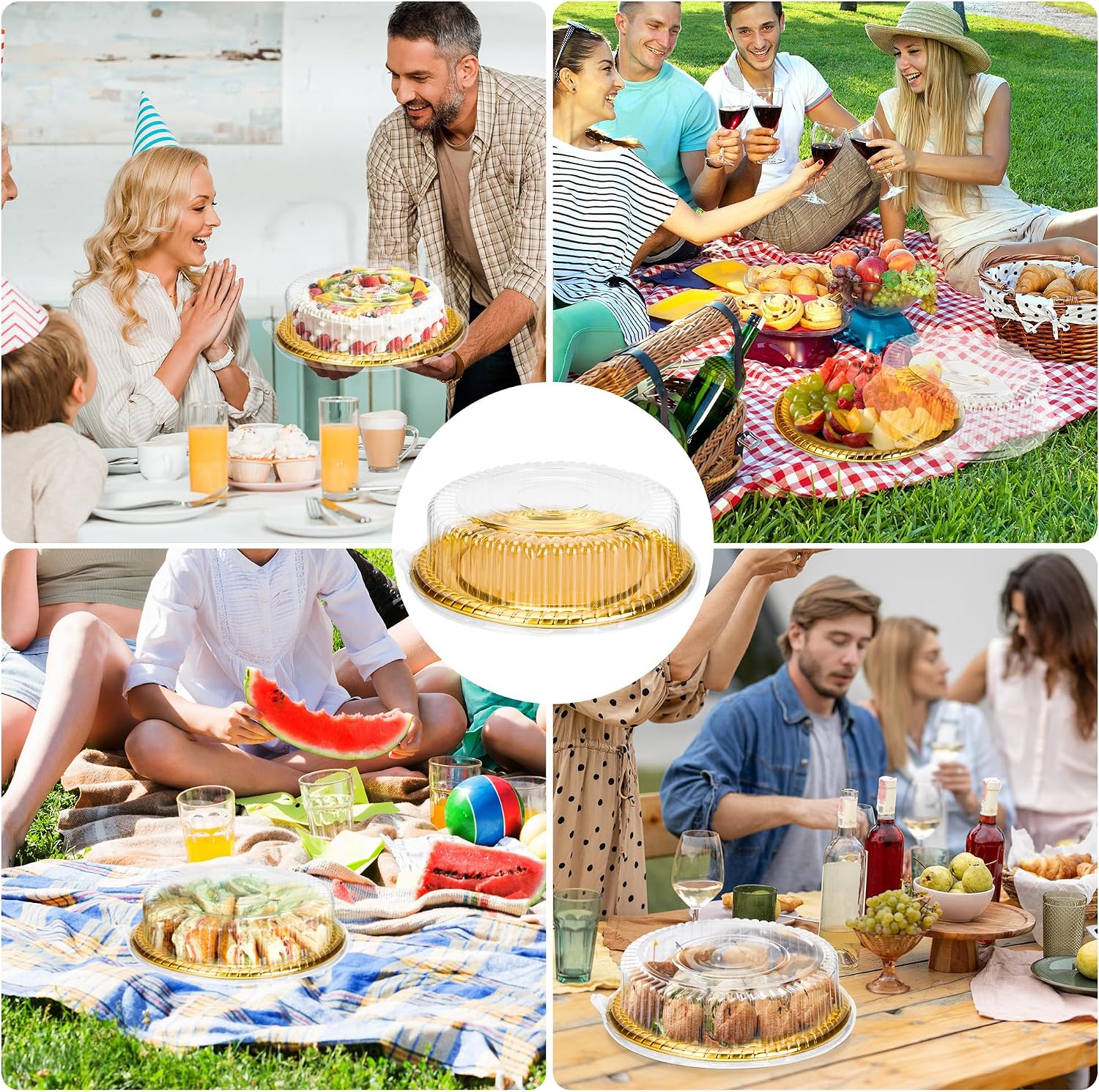 12 Pcs Round Catering Trays with Lids, Gold Plastic Serving Tray
