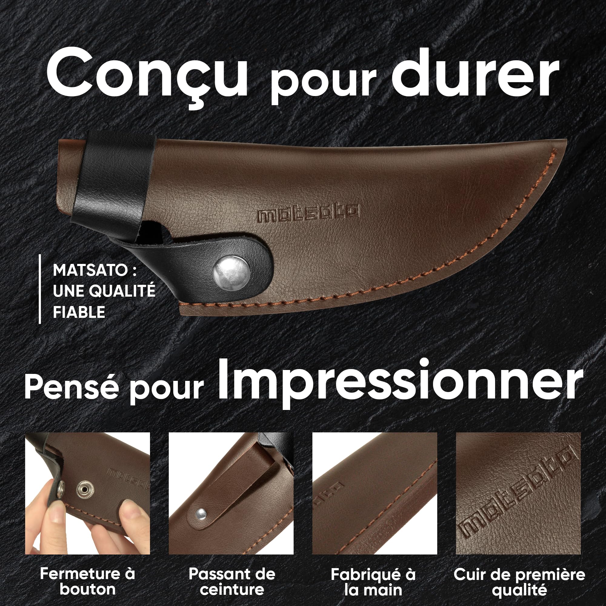 Matsato Couteau de Cuisine Japonais en Acier avec Étui en Cuir. Couteau Professionnel de 15,7 cm, Couteaux de Cuisine