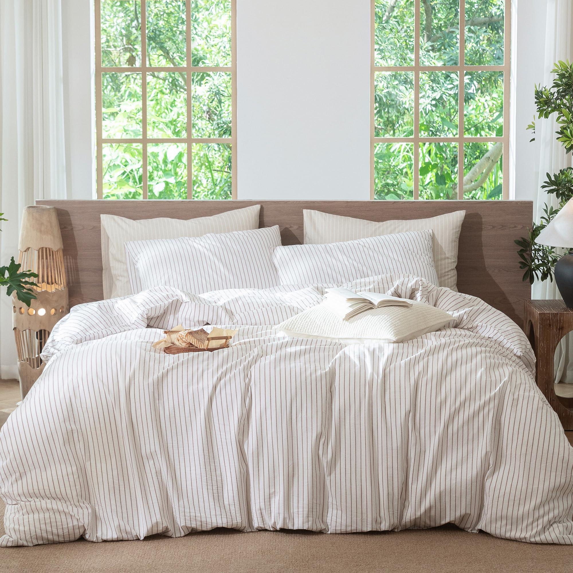 MooMee Striped Duvet Cover Set 100% Washed Cotton Linen Like Full