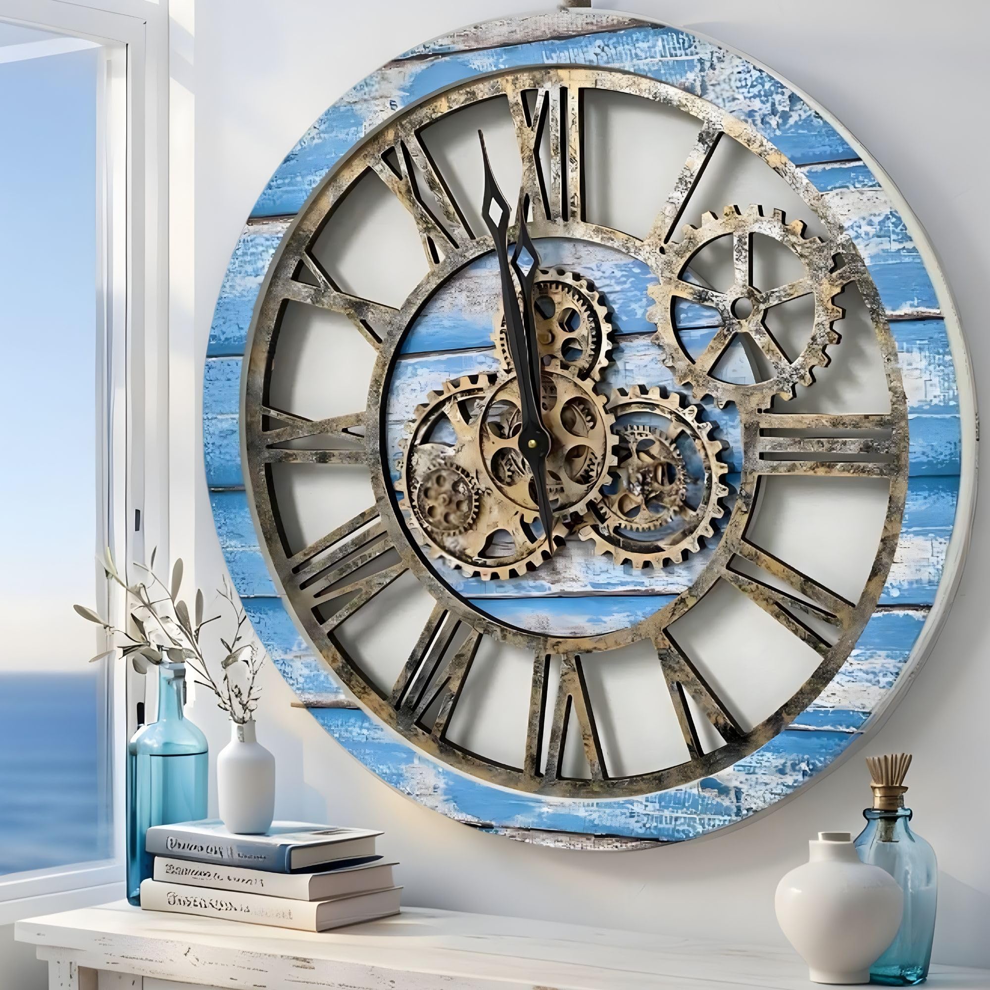 ImprovingLife The Original Real Moving Gear Wall Clock Vintage Industrial Oversized Rustic Farmhouse (24 inch (60cm), Vintage Ocean Blue and Bronze)