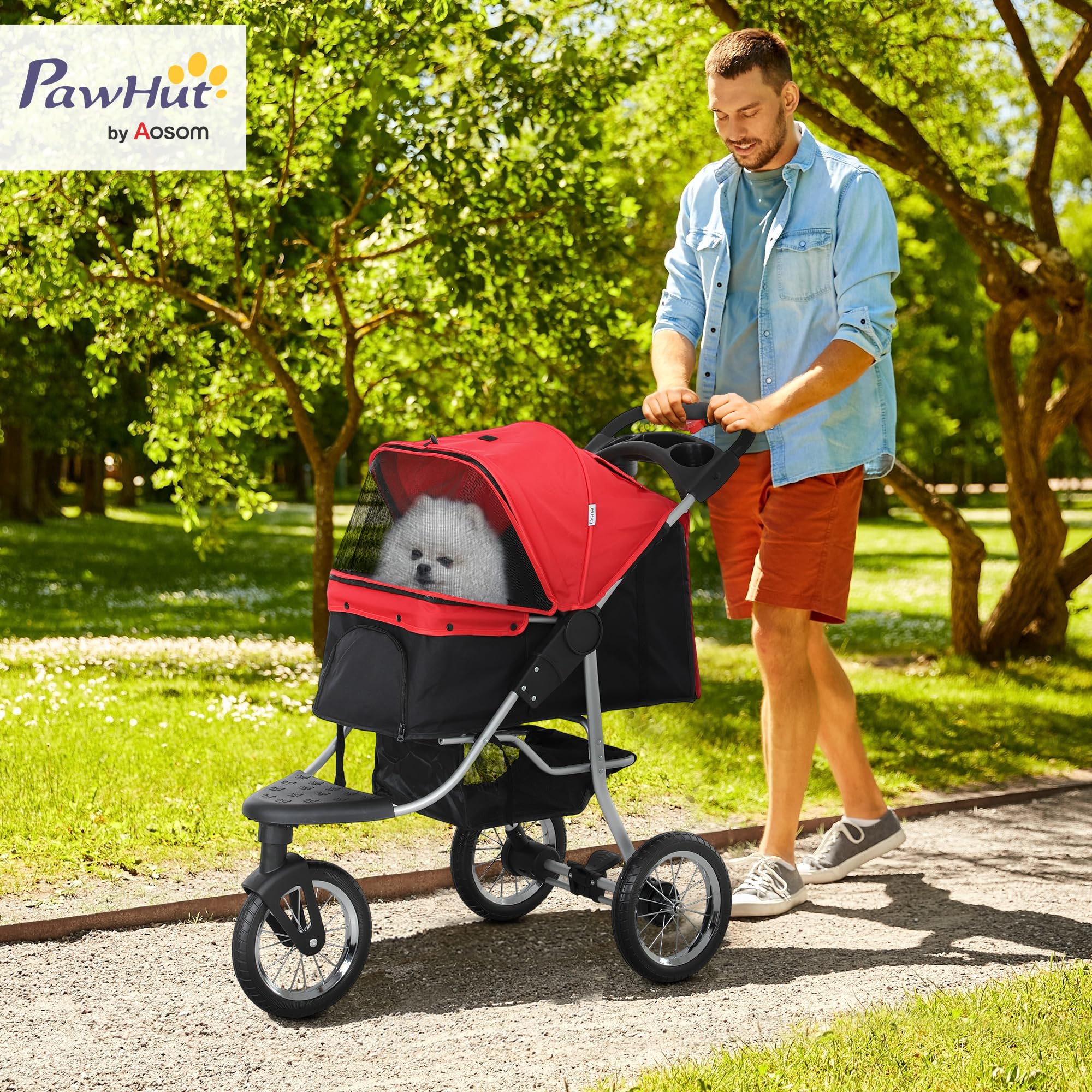 PawHut Passeggino pieghevole per cani e gatti fino a 10 kg, con finestra a rete, portabevande per gatti, colore: rosso