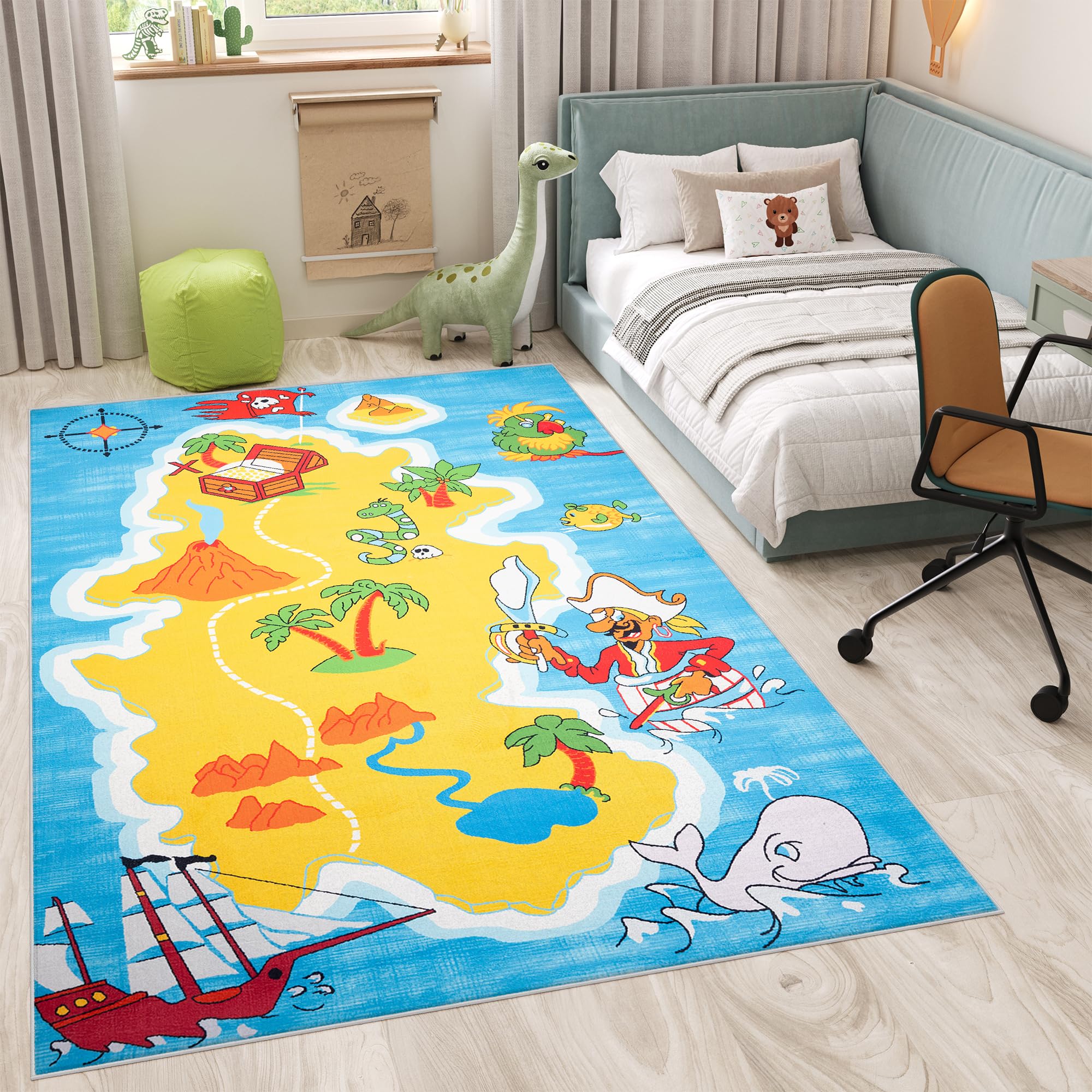 TAPISO Flannel Alfombra Antideslizante Lavable Diseño Moderno Barco Pirata Isla del Tesoro Azul Amarillo Alfombra Infantil para Niños Alfombra de Juegos Oeko-Tex 140 x 200 cm