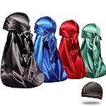 4PCS Silky Durags for Men Women 360 Waves with 1 Wave Cap, Silky Satin Durag Extra Long Tails