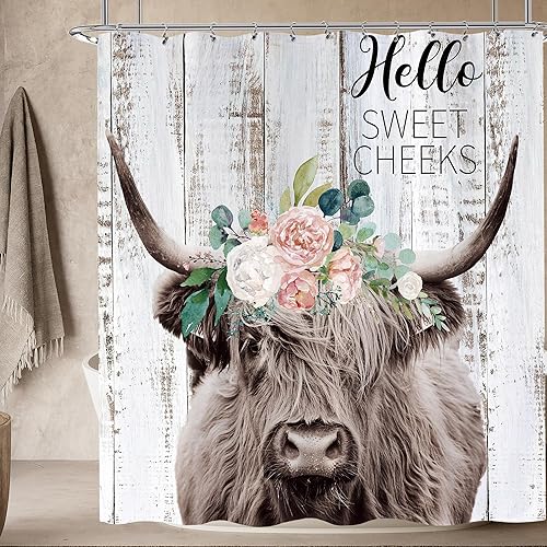 Miniatura 6 de Opeoddie Cortina de ducha rústica con diseño de vaca de las tierras altas, juego de cortina de ducha rústica de Hello Sweet Cheeks para baño, 72 x
