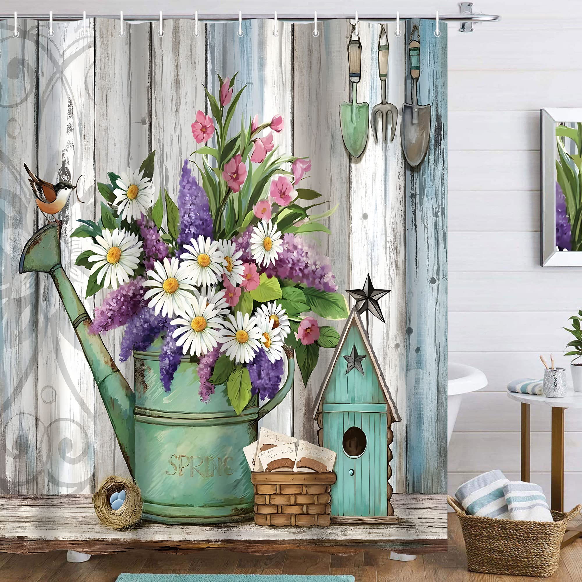 Famiffty Farmhouse Spring Floral Shower Curtain Bird Shower Curtain 60Wx72L Inch Wood Modern Teal Lavender Daisy Rustic Plant Leaf Grain Bathroom Decor Easter Waterproof Polyester Fabric with 12 Hooks — image 1