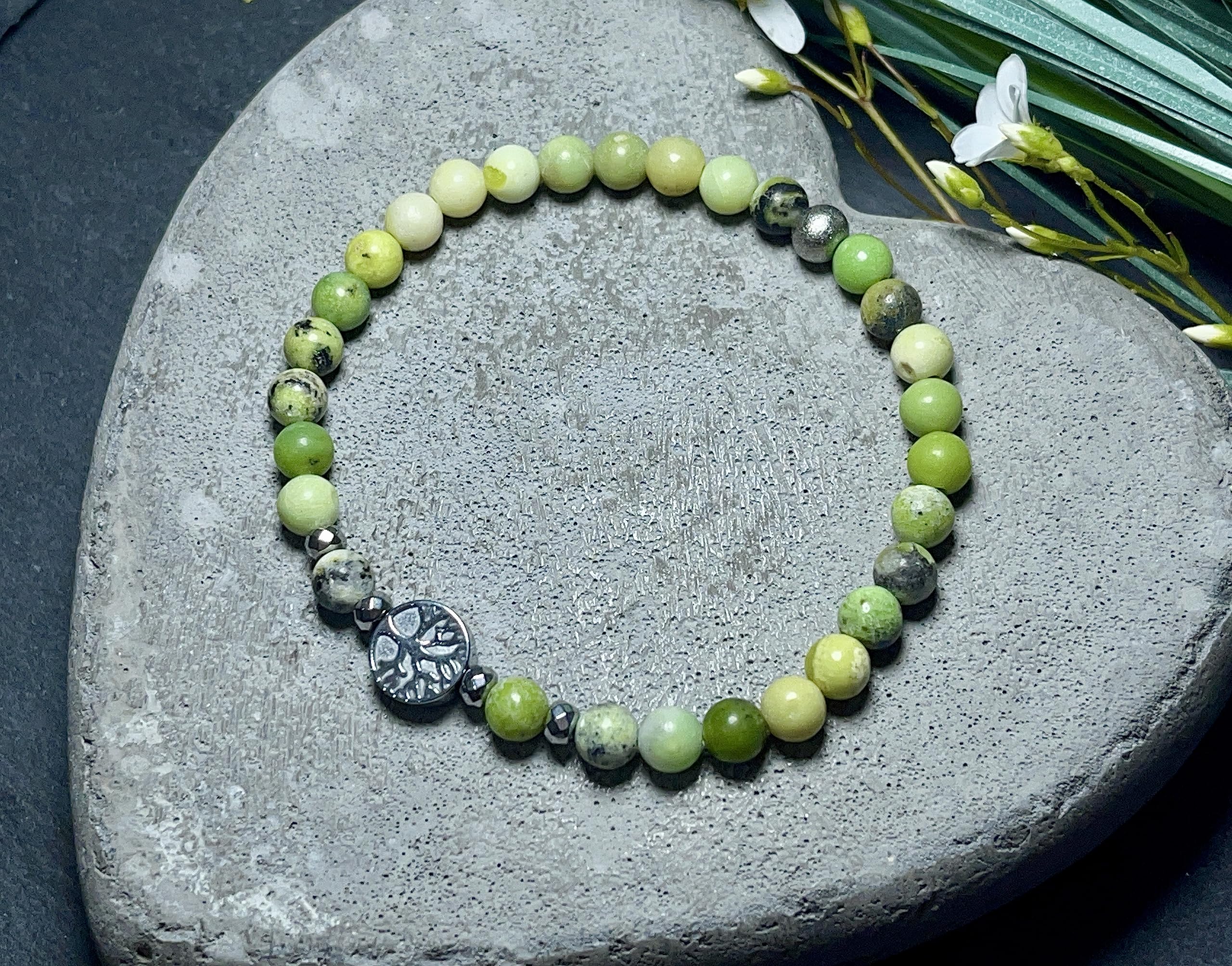 Serpentin Armband Perlen echt 6mm Lebensbaum Hämatit Silber - Handmade Perlenarmband Kreativität Vertrauen Freundschaft - Spiritueller Esoterischer Schmuck Unisex - Personalisierbar