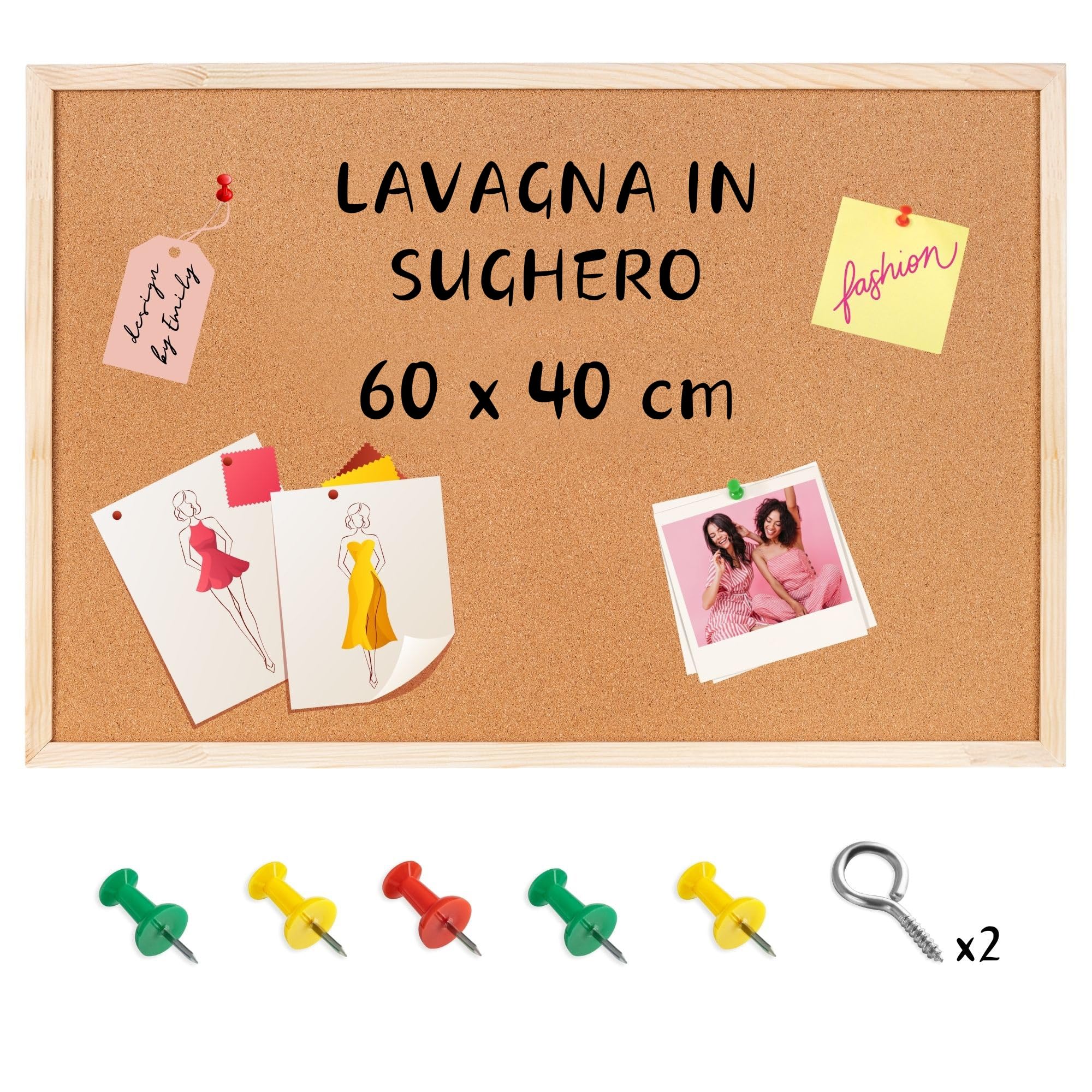 Creative Home Lavagna in Sughero 60x40 cm (+/-2cm) Bacheca da Parete con Cornice in Legno Pino | Lavagnetta Sughero con Puntine, Pannello Sughero da Parete per Scuola, Casa, Ufficio, Camera Bambini