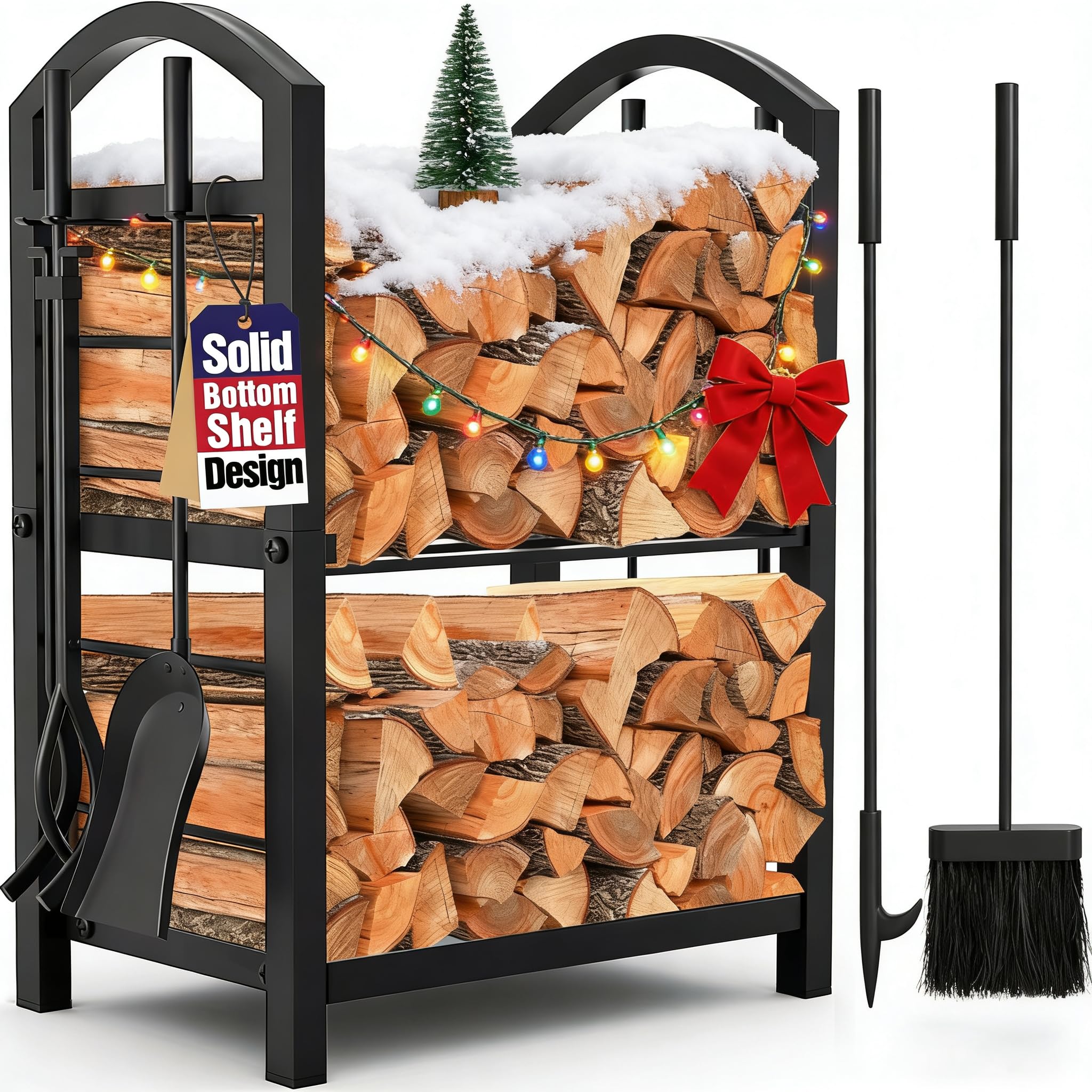 AMAGABELI GARDEN & HOME Firewood Rack Indoor with Tools 5-Piece Fireplace Tools Set Wood Holder Outdoor Wrought Iron Log Holder Heavy Duty Firewood Storage Rack for Fireplace,Fire Pit,Wood Stove Black