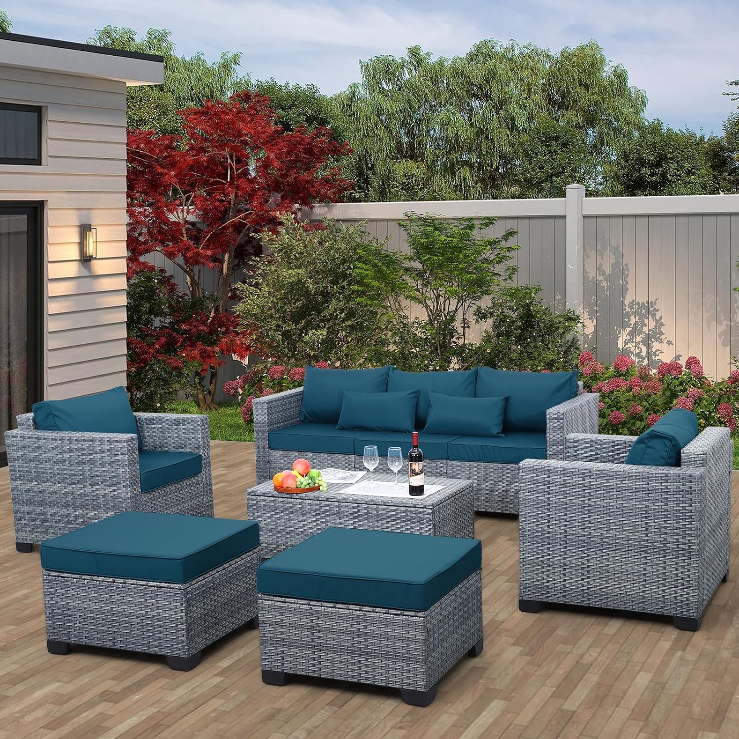 6 Pieces Wicker Patio Furniture Sets Outdoor Conversation Set HDPE Rattan Sectional Sofa Couch with Storage Table and Peacock Blue Cushions