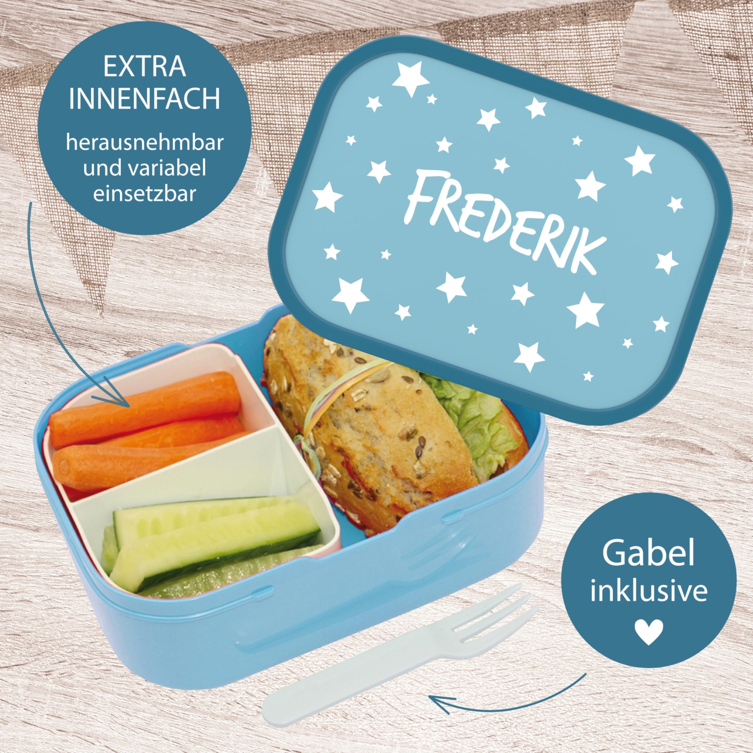 4youDesign Set: blaue Brotdose & Trinkflasche -STERNE- mit Namen für Kinder – 6 Farben, 3 Motive, inkl. Dosen-Einsatz, Gabel & Pop-Up Flasche (Cool Blue)