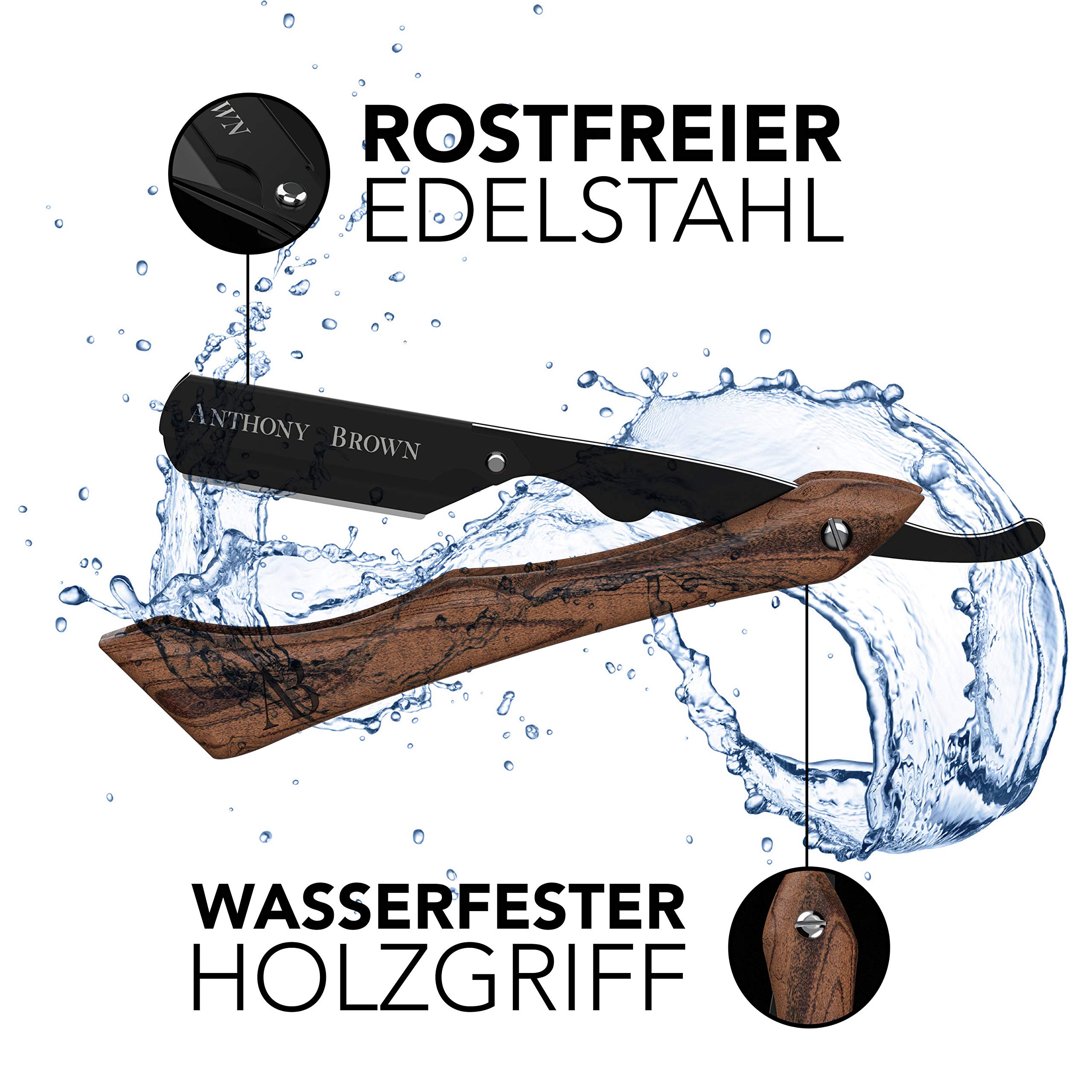 Anthony Brown® Rasiermesser Herren Holzgriff mit Wechselklinge und Etui, Shavette für präzise Nassrasur und Bartkonturen (Schwarz)