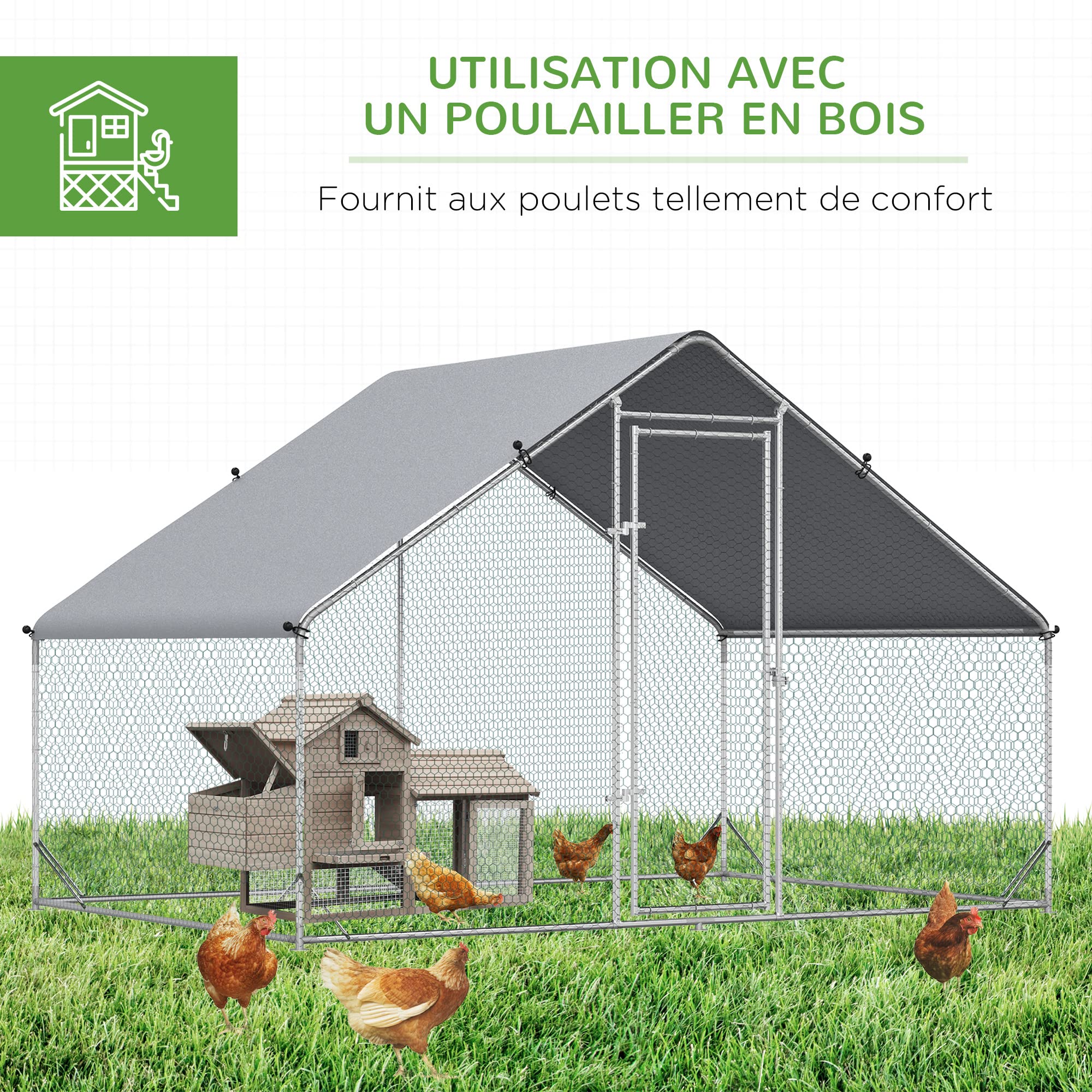 PawHut Enclos pour Poules XXL 6 m² - Grand Parcours Extérieur en Acier Galvanisé 3x2x2m - Volière de Jardin Anti-Renard avec Bâche de Toit pour 4-6 Poules, Canards ou Lapins, Gris