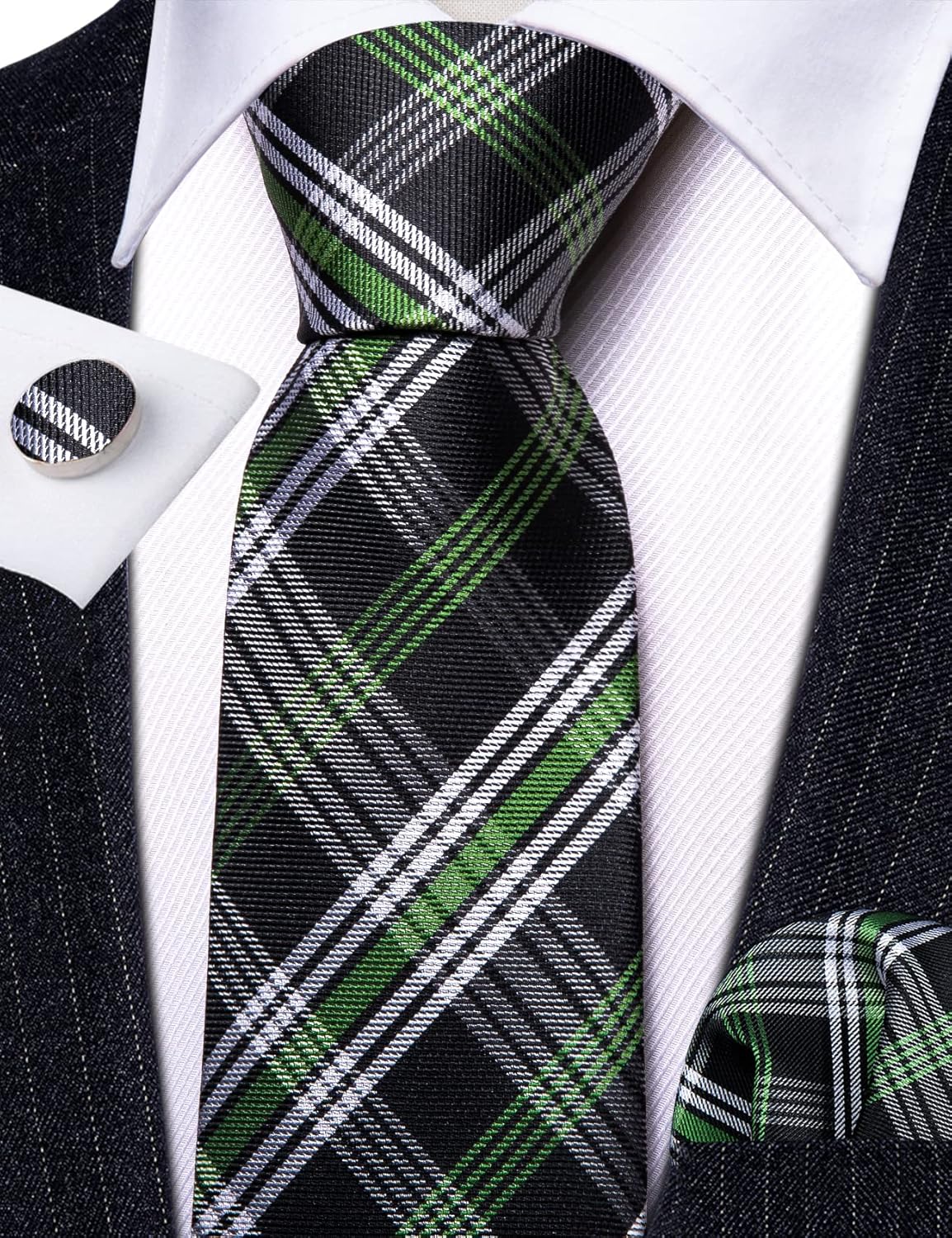 Barry.Wang Designer Classic Ties for Men Set Formal Pocket Square Cufflink Check Plaid - Image 6