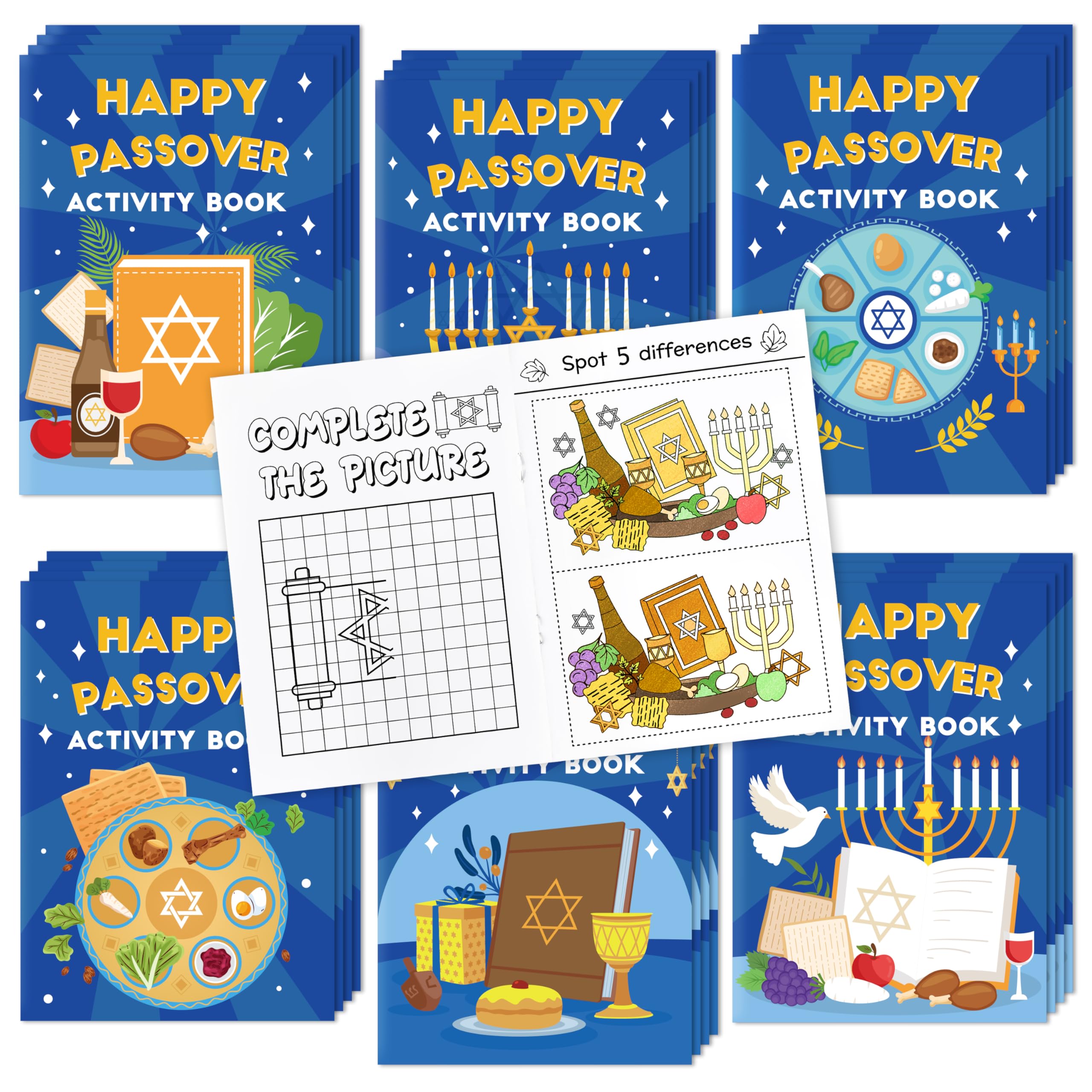 Passover Activity Books for Kids - 24Pcs Happy Passover Mini Games Coloring Book Set Bulk Mazes Word Search Word Scramble Games for Jewish Pesach