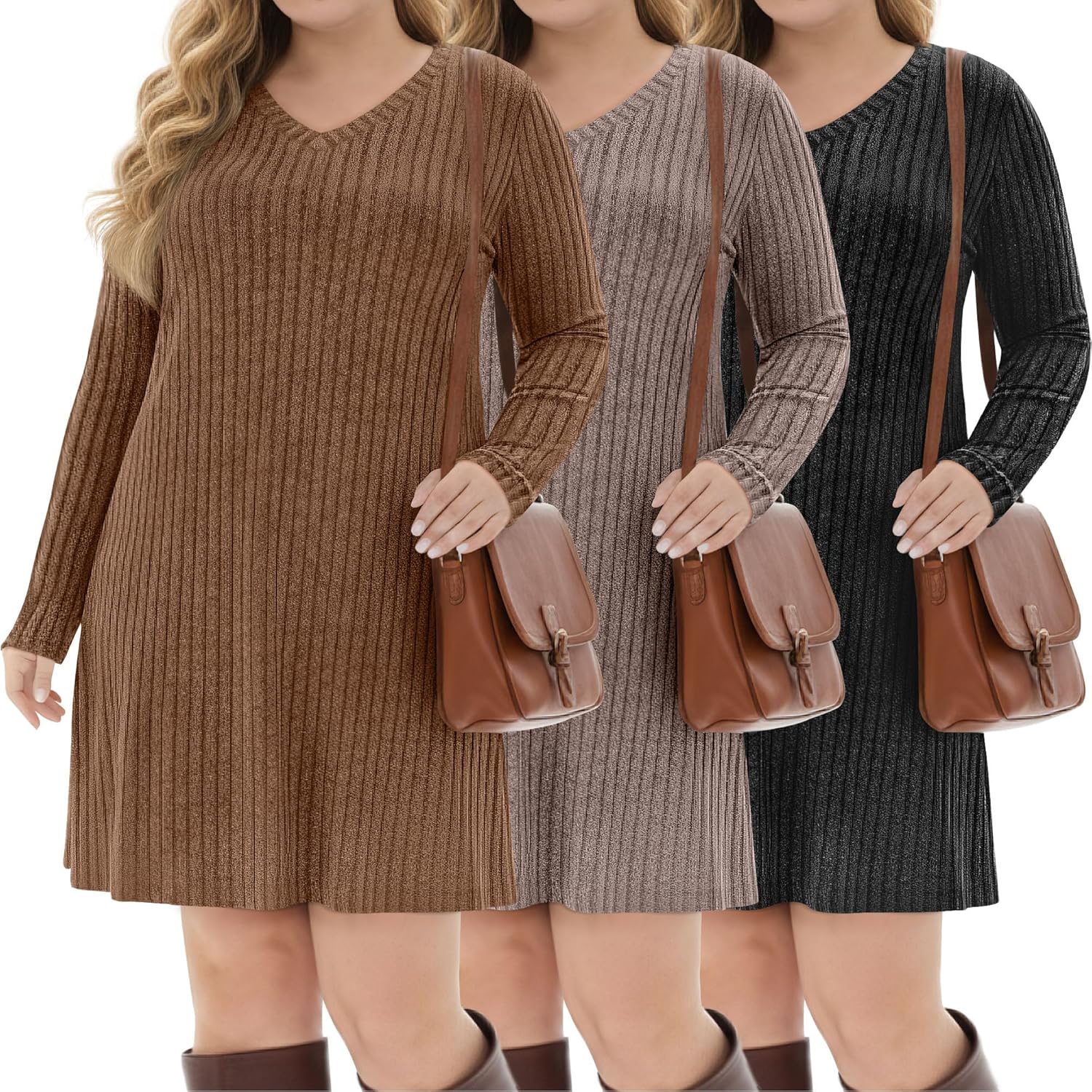 Evervibe 3 Pack Women's Plus Size Dresses Long Sleeve V Neck Ribbed Sweater Loose Casual Lighweight Dress for Curvy Women