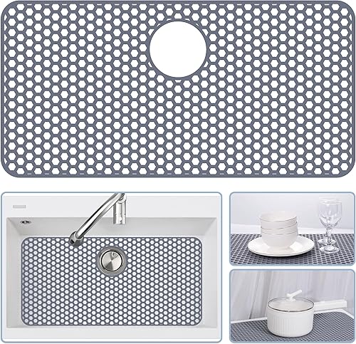 Miniatura 145 de Paquete de 2 tapetes de silicona para fregadero de 13.58 x 11.6 pulgadas, protectores para fregadero de cocina con drenaje central, rejilla Gris