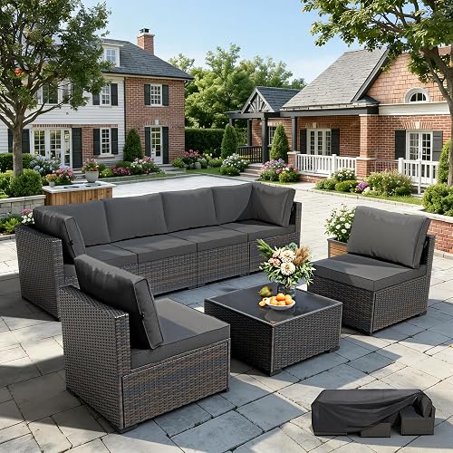 WWR Patio Furniture Set 7 Piece - All-Weather - Wicker Rattan Patio Outdoor Conversation Set, Modular Sectional Sofa for Backyard, Garden, Poolside, Balcony, Porch, Patio, Brown/Dark Gray