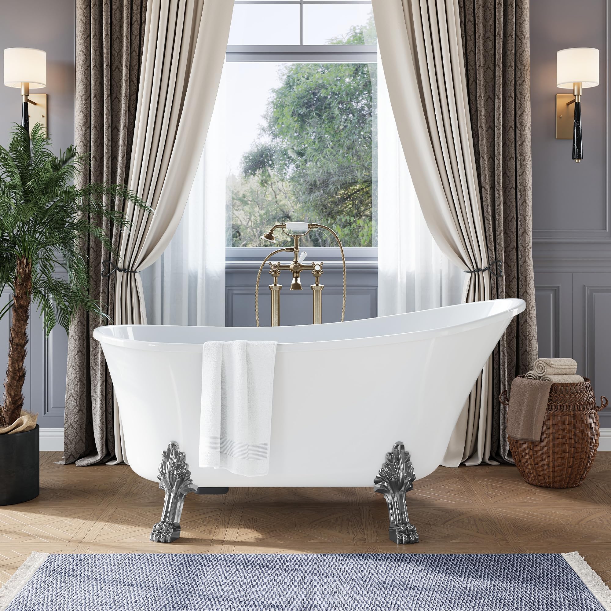 GarveeLife Freestanding Slipper Clawfoot Bathtub 67 inch – Heavy Duty Acrylic Soaking Tub with Chrome Feet, Drain &amp; Overflow, Elegant Vintage Design for Relaxing Home Spa and Bathroom Remodels