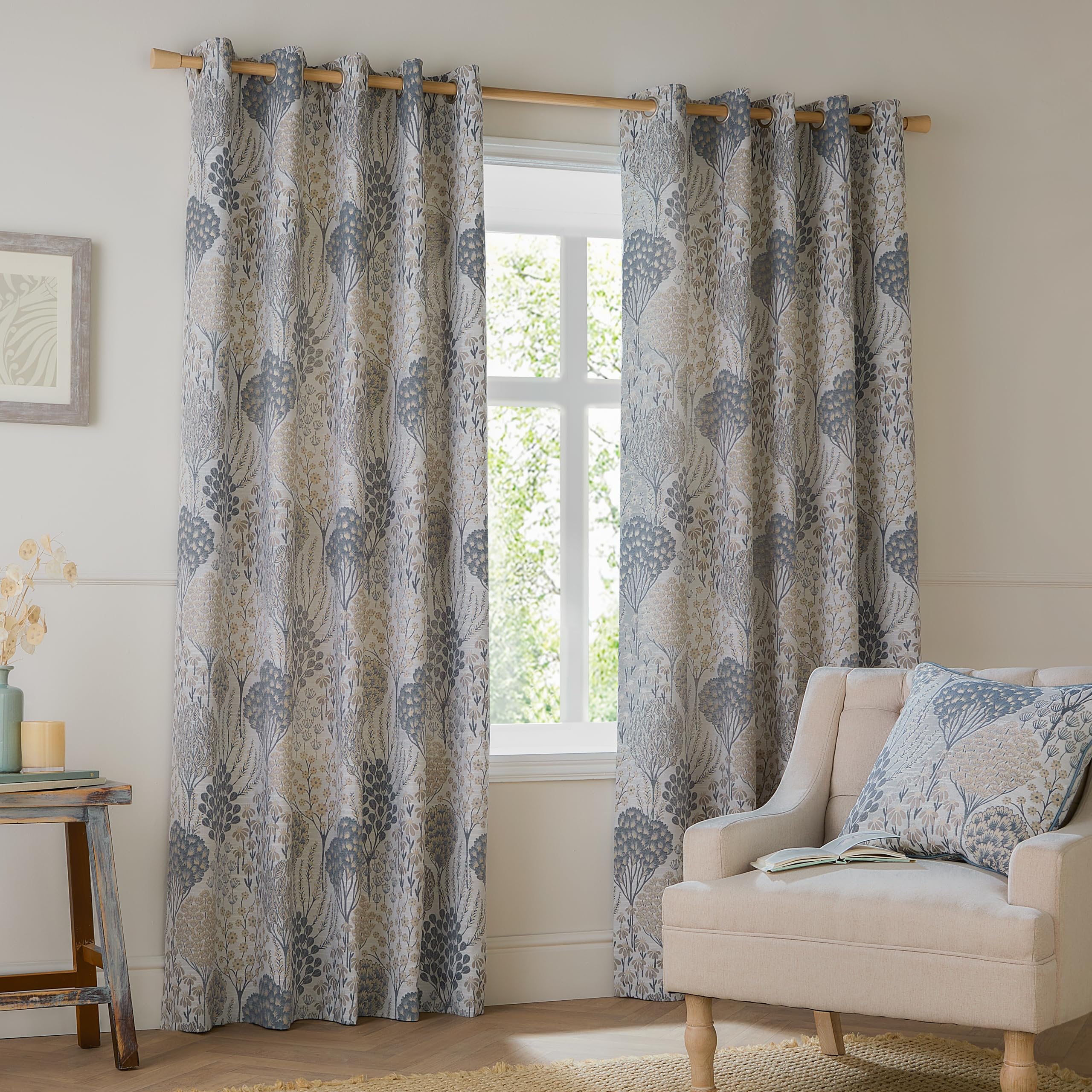 furn. Wylder Ophelia Room Darkening Eyelet Curtain Pair – Bold Botanical Floral Jacquard Drapes (Wedgewood - L 183 x W 168cm - 2 Panels)