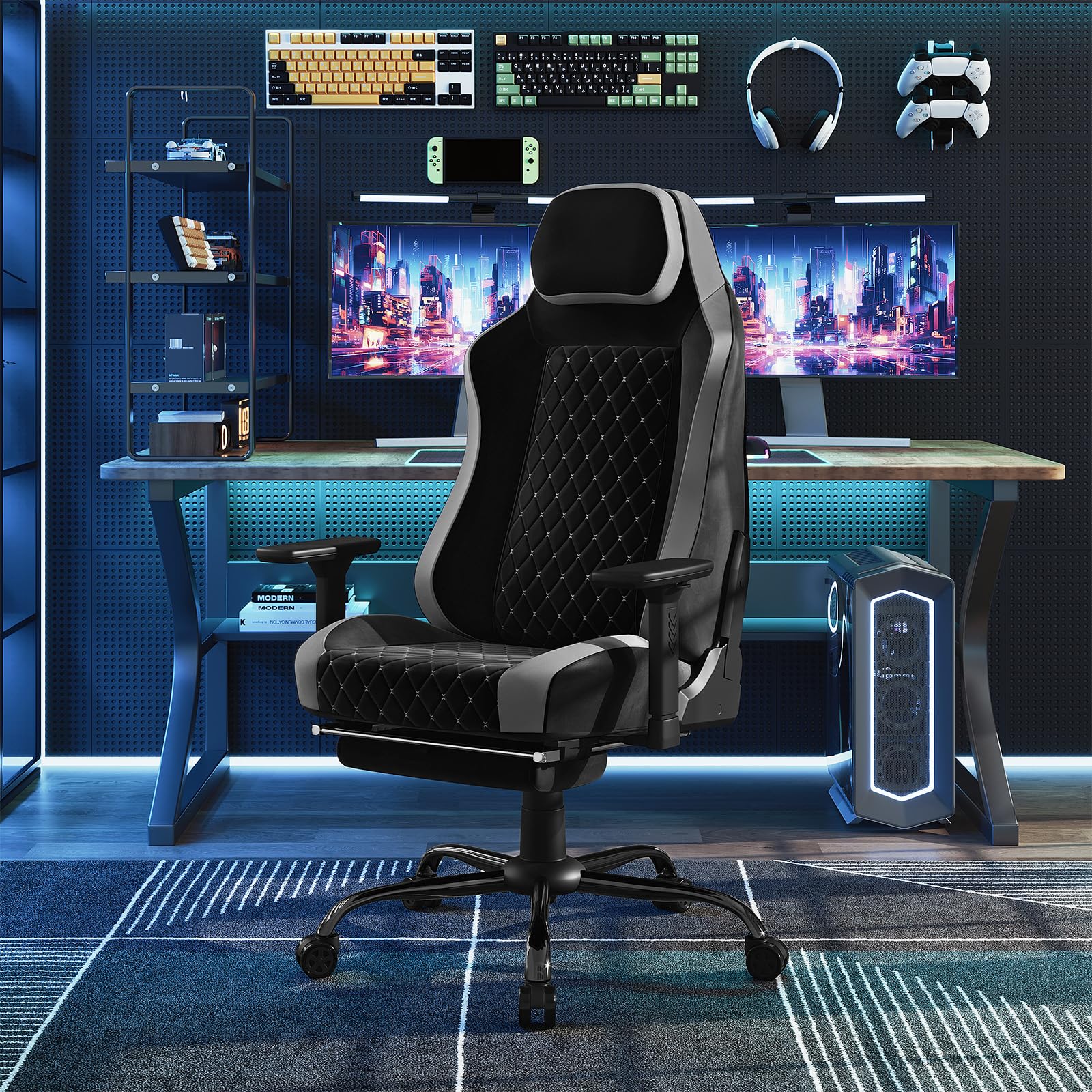 WOLTU Sedia Gaming,Supporto Lombare Adattivo Incorporato,Nero + Grigio | Velluto,con Braccioli Regolabili e Poggiapiedi Estensibile