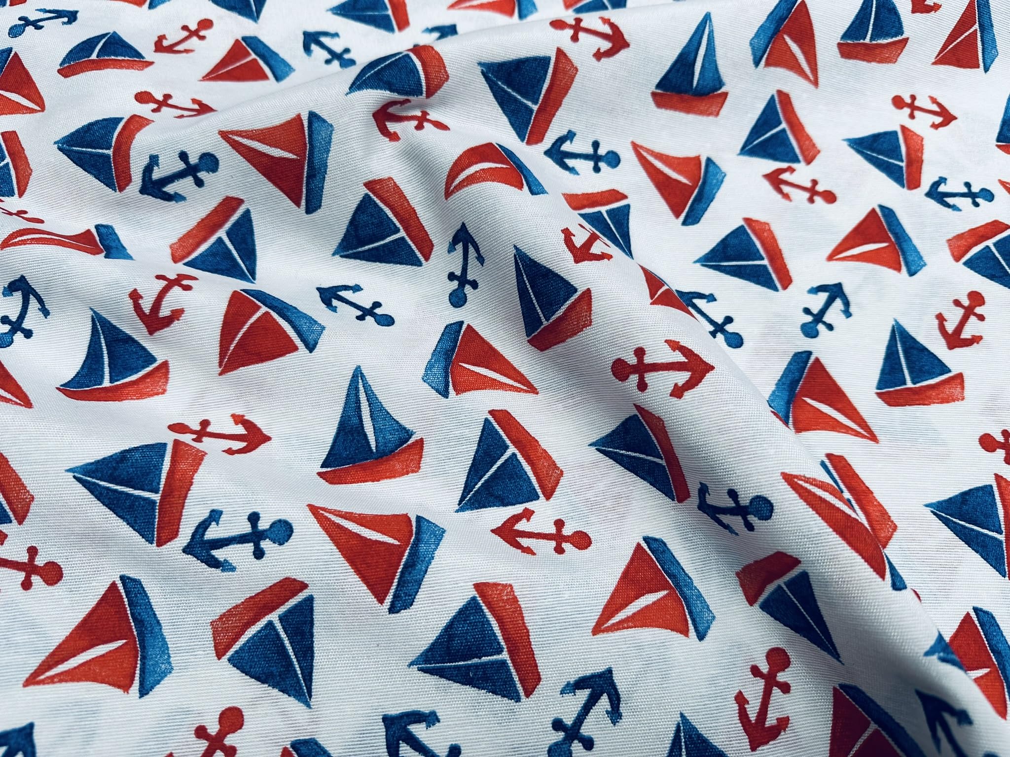 Small Sailboats Nautical Fabric for Home Decor Curtains Upholstery Dresses Marine Anchor Yacht Material - 140cm Wide - Blue & Red (Sold by The Metre)