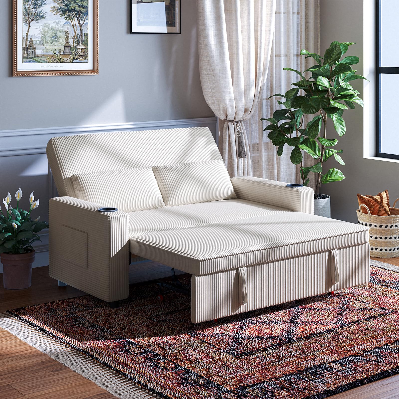JUMMICO 62.99" Pull Out Sofa Bed with Adjustable Backrest Sleeper Sofa 2 Seater Convertible Small Couches Modern Corduroy Fabric For Living Room Bedroom,Beige