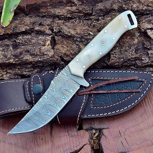 Cuchillo de caza de Damasco hecho a mano cuchillo de arbusto mango completo con funda de 925 pulgadas EDC de hoja fija de supervivencia camping