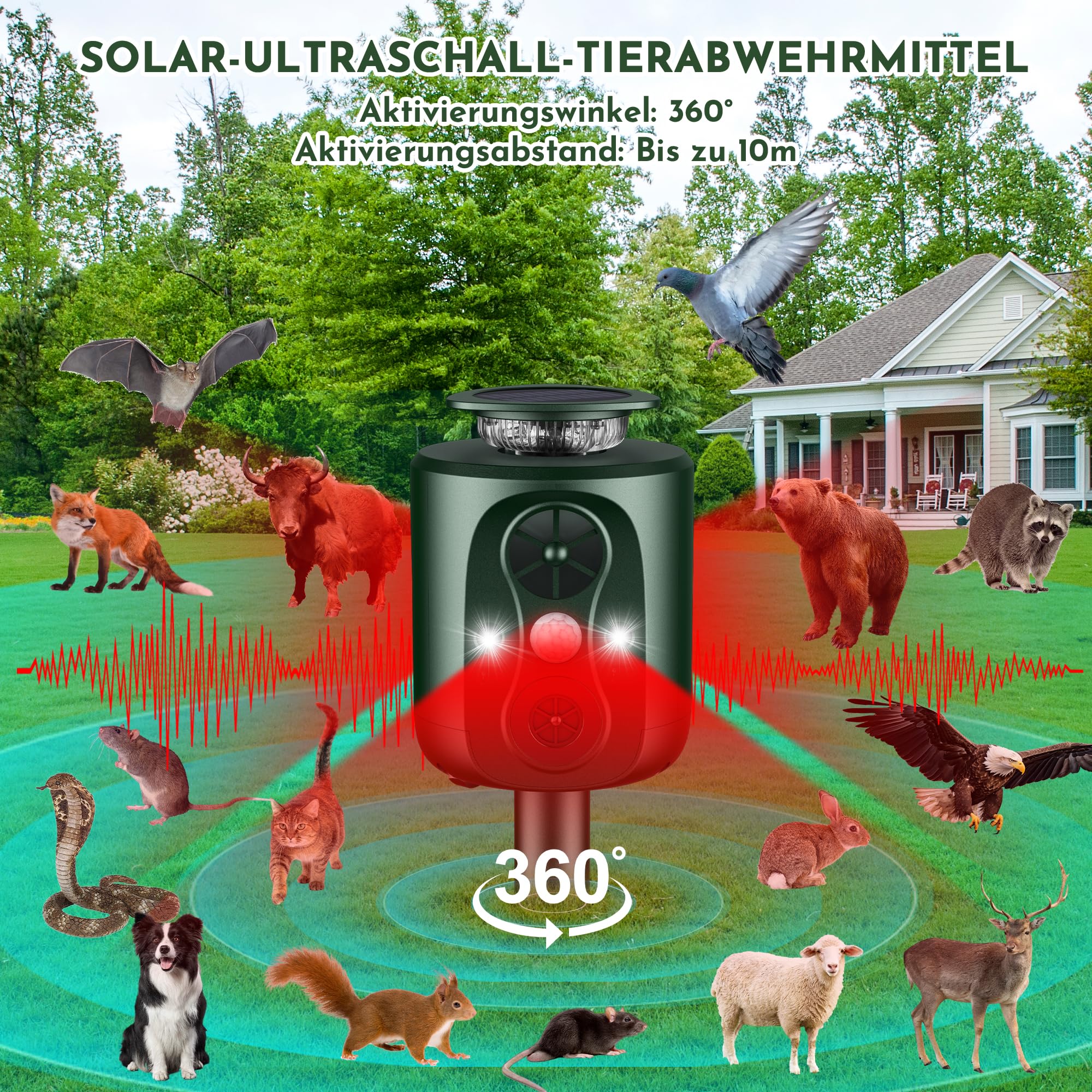 Katzenschreck Ultraschall Solar Tiervertreiber, 360° Marderschreck mit LED-Licht Katzenabwehr Marderabwehr Garten IP66 Wasserdicht 5 Modus Waschbär Abwehr für Katzen Hunde Marder Mäuse Vögel