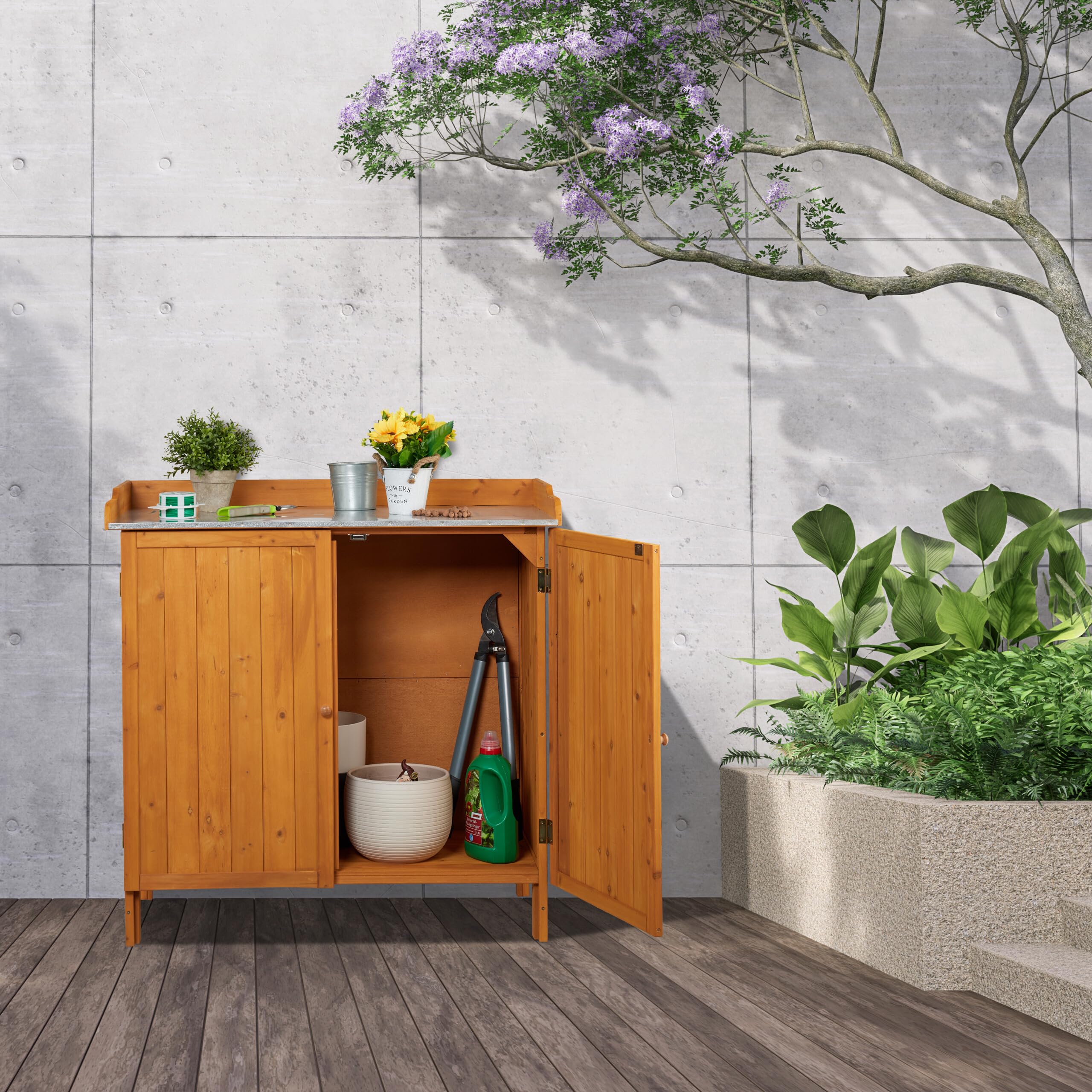 Relaxdays Mesa de Cultivo, Armario Almacenamiento Inferior, Madera, Superficie de Peltre, 94 x 94 x 47 cm, Naranja