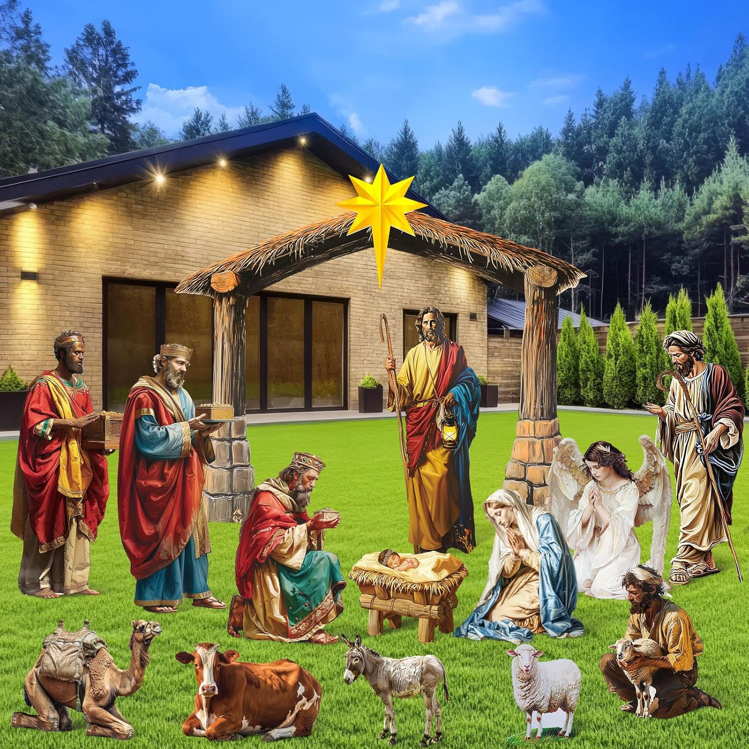 Cinnvoice 14 Pcs Christmas Outdoor Nativity Scene Set Large Nativity Lawn Sign 51" Tall Manger Scene Outdoor Holy Family Yard Decoration PVC Weatherproof for Christmas Xmas Outside Yard Lawn Decor