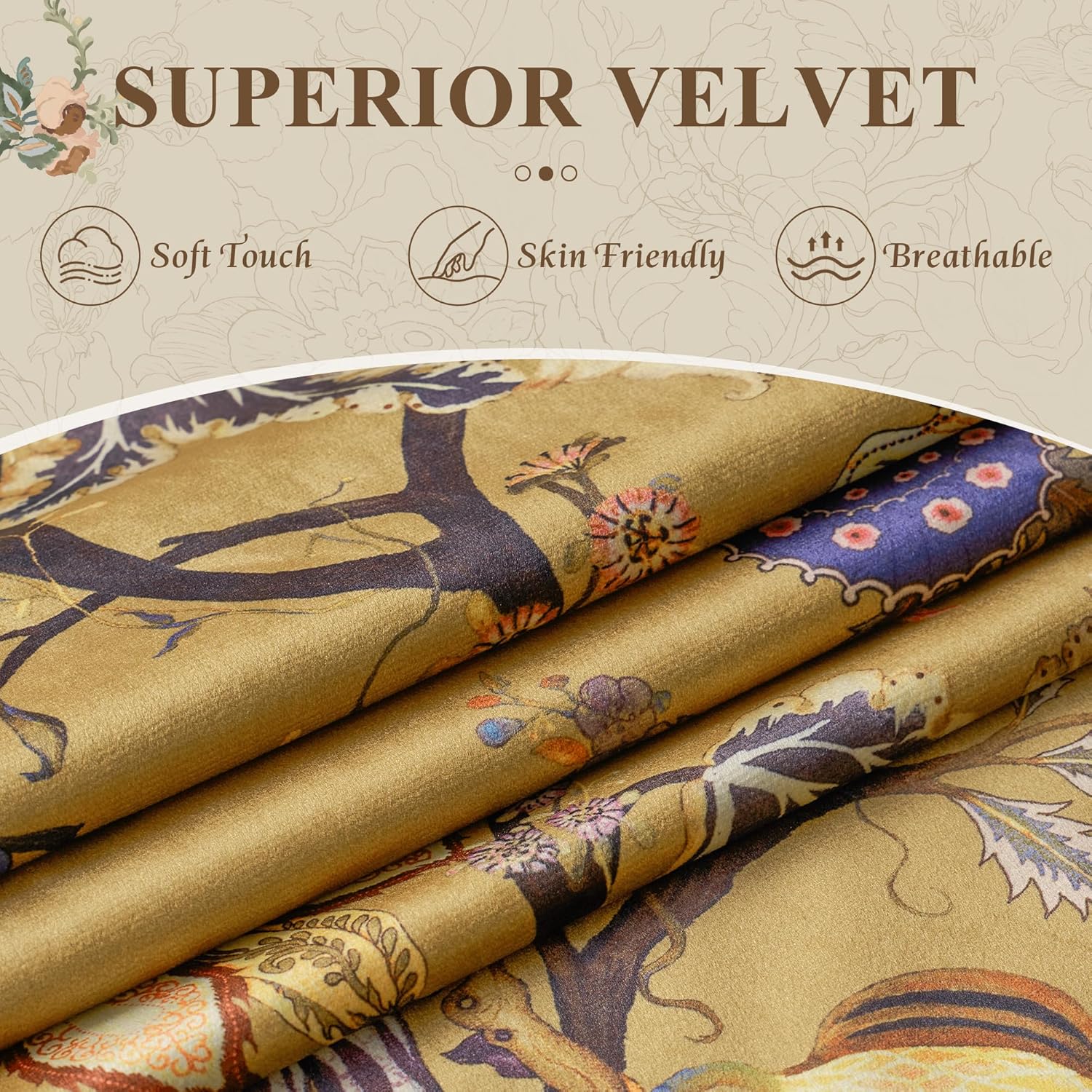 StangH Yellow Velvet Floral Curtains 84 Inches for Living Room,Vibrant Printed Botanical Pattern Victorian Elegant Vintage Farmhouse Fall Drapes,52Wx84L,2 Panels