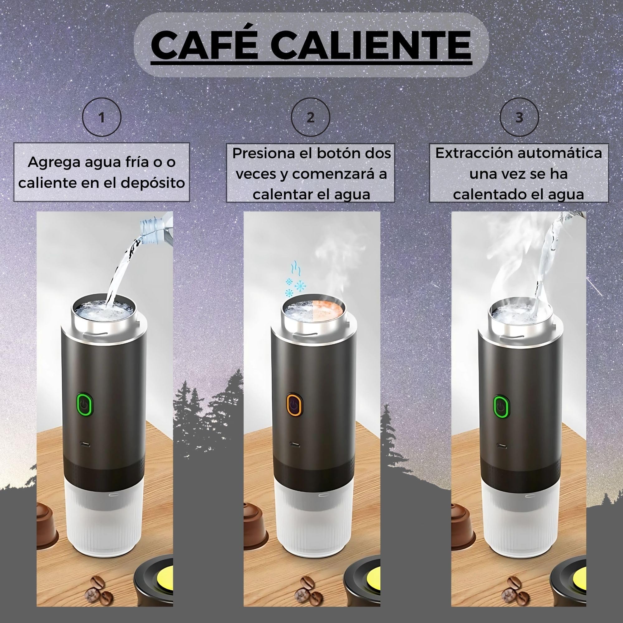 Cafetera Portatil Capsulas, Cafetera Multicapsulas y Molido, Maquina de Cafe, Cafetera Capsulas Portatil, Calienta Agua Batería Recargable USB, Ideal Viajes, Camping y Oficina