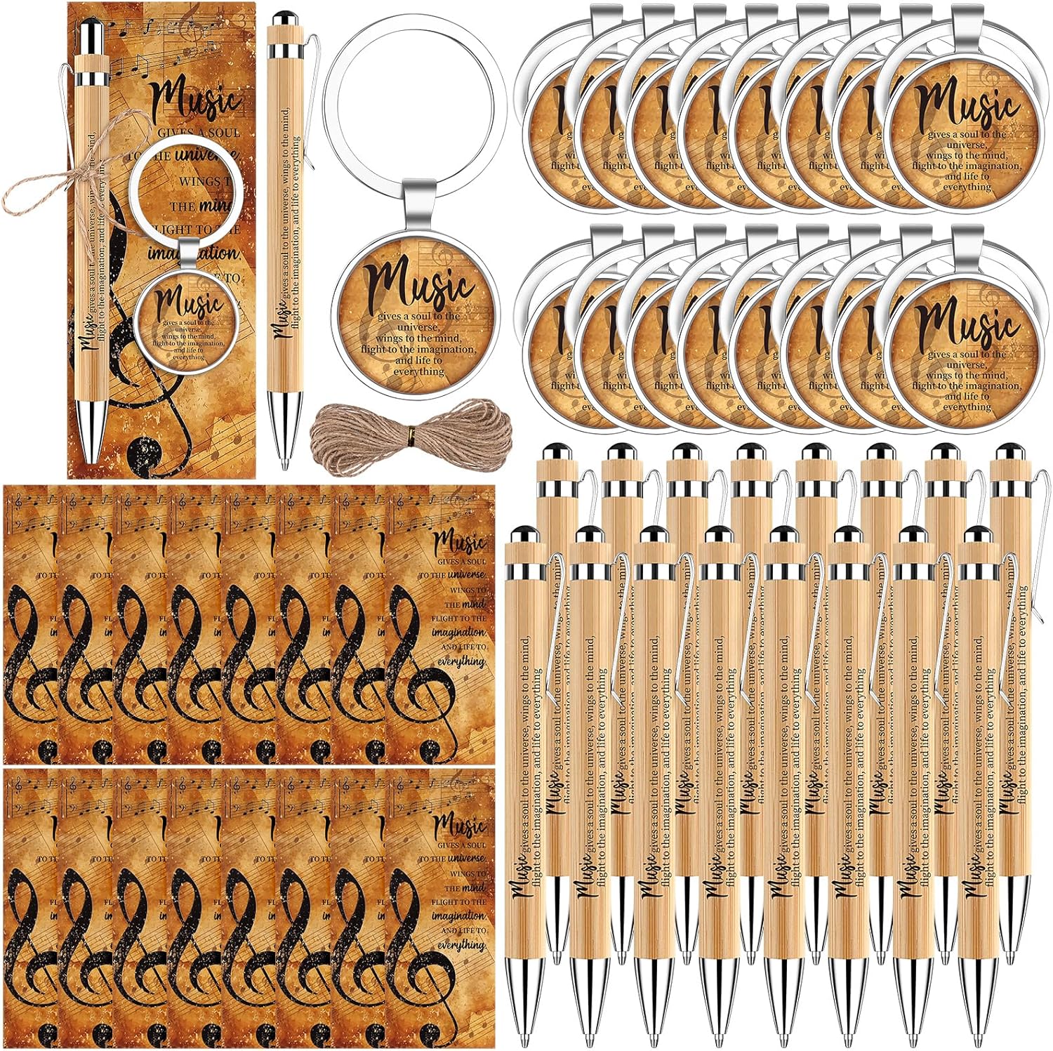 16 Sets Music Themed Gifts Including Wooden Bamboo Pen, Thank You Card, Stainless Steel Key Chain Musical Theme Appreciate Gift Pack Music Gifts for Students Teachers Choir Director
