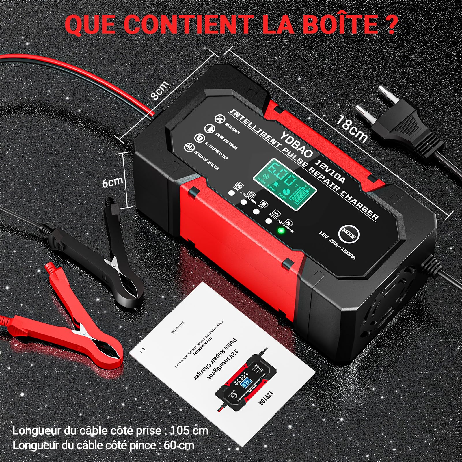 YDBAO Chargeur de Batterie Voiture 12V 10A LiFePO4 Chargeur Batterie Auto Intelligent avec Mode Réparation pour AGM Gel Wet LiFePO4 Auto Voiture Moto Camion