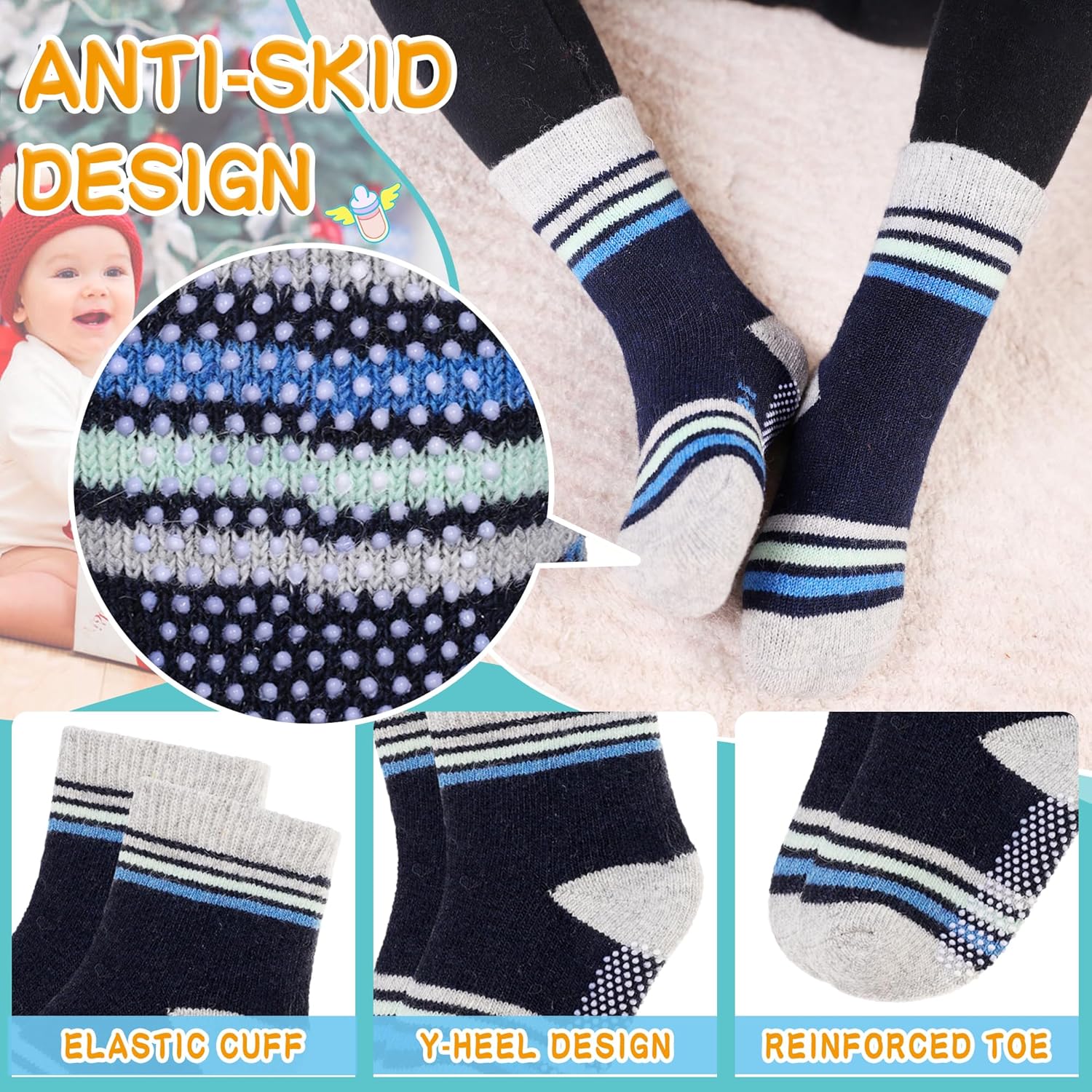 Eyean Baby Wool Grip Sock Soft Winter Warm Thick Non Slip Toddler Boy Girls Crew Socks For Children 6 Pairs - Image 4